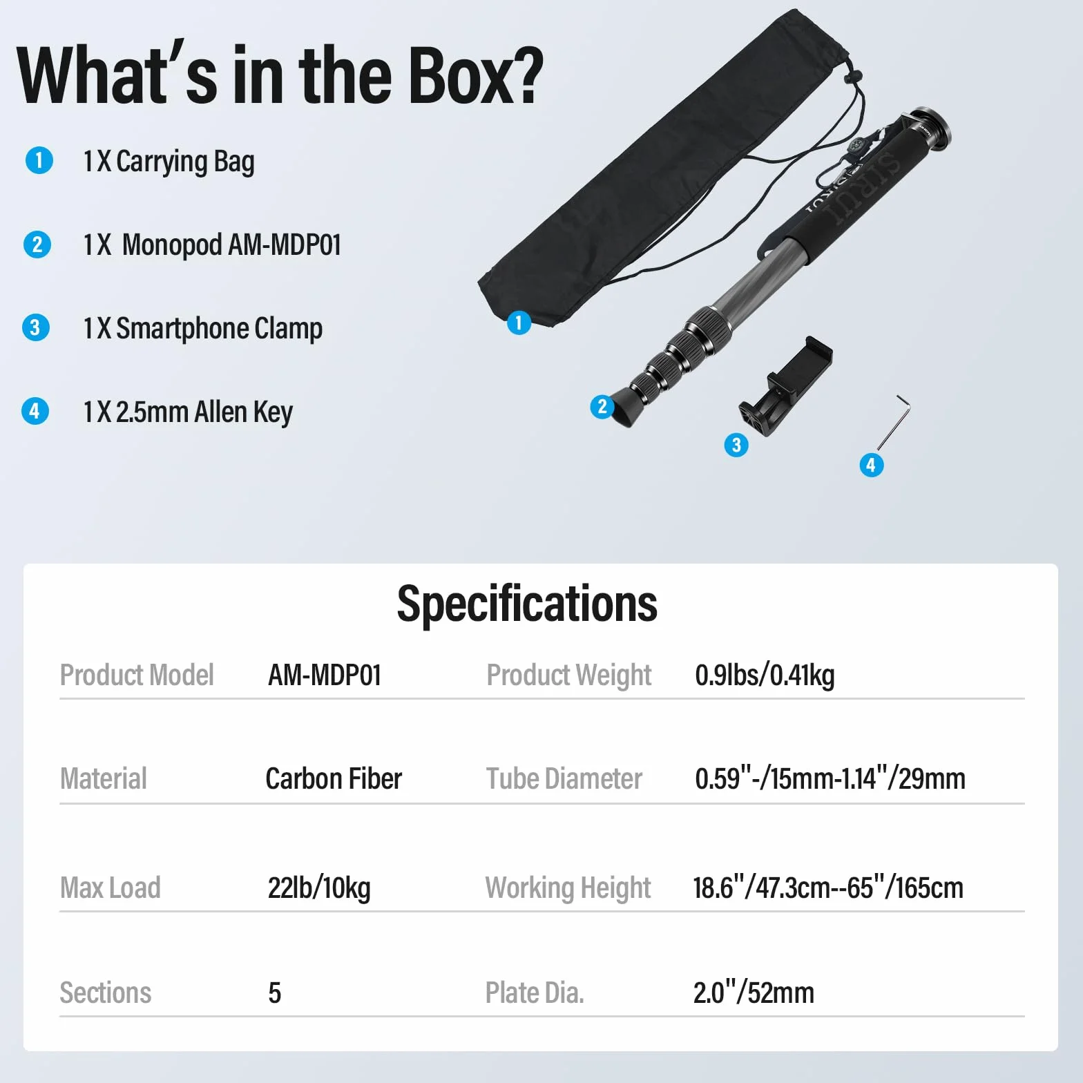 SIRUI Monopod z włókna węglowego do aparatu, kompaktowy, lekki monopod do podróży, 6 sekcji, obciążenie 10 kg, w zestawie uchwyt na telefon (AM-MDP01)