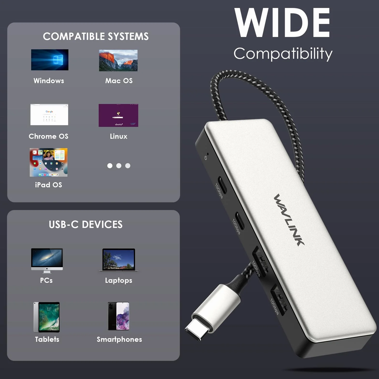 Hub USB C, koncentrator WAVLINK 10 Gb/s, 2 porty USB C 3.2, 2 porty USB A 3.2, kompatybilny z iMac/MacBook/Chromebook/Dell/HP/Lenovo (nie obsługuje ładowania/rozszerzania monitora)