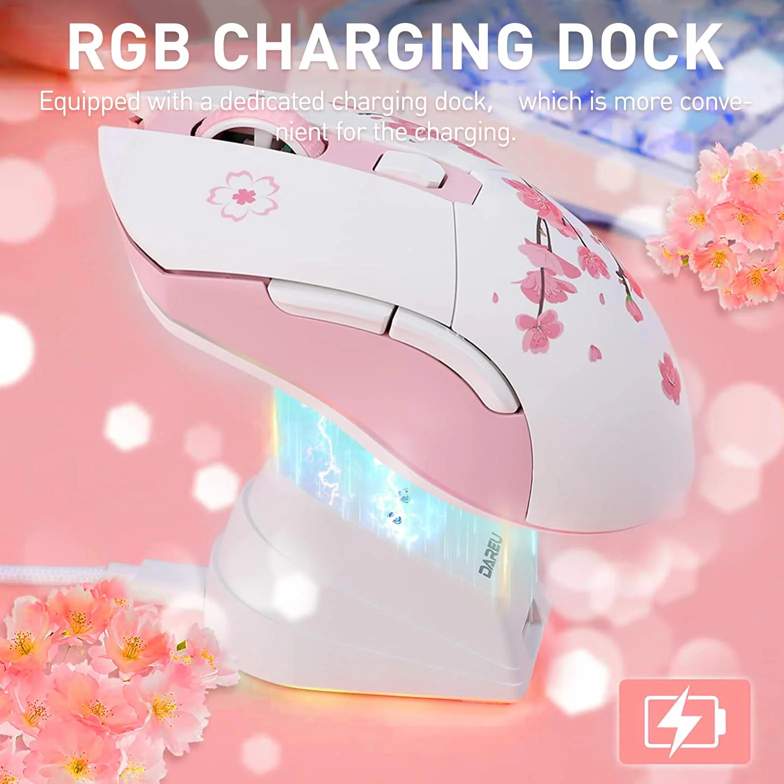 DAREU Pink Mysz do gier bezprzewodowa z magnetyczną stacją dokującą do ładowania RGB, 12 tys. dpi, 7 programowalnych przycisków, precyzyjny czujnik 300IPS 1000 Hz do komputerów PC i notebooków Mac