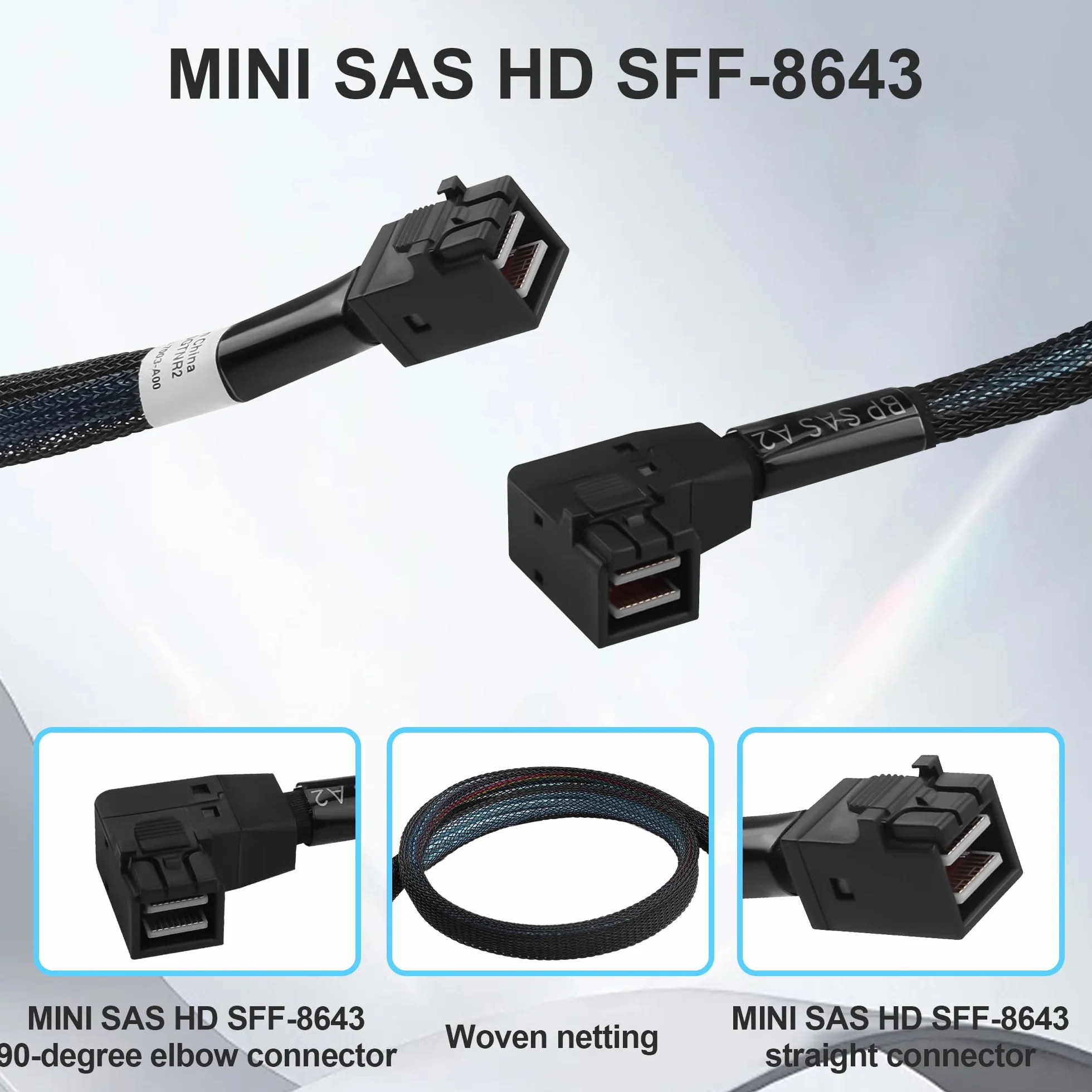 MINI SAS HD SFF-8643 kabel 45 cm, kąt prosty do 90 stopni, wewnętrzny kabel serwerowy z plecionym płaszczem i nasadkami ochronnymi, SAS 3.0 12 Gbps do centrum danych/RAID/SAN