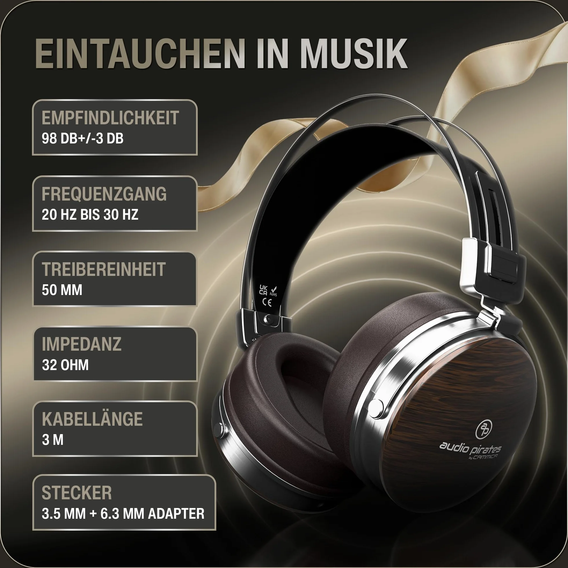 audio pirates Słuchawki nauszne, słuchawki z prawdziwego drewna, najlepszy dźwięk HiFi, słuchawki z etui, kabel 3 m + kabel 1,5 m, w zestawie mikrofon i adapter 3,5 mm i 6,3 mm – słuchawki HiFi
