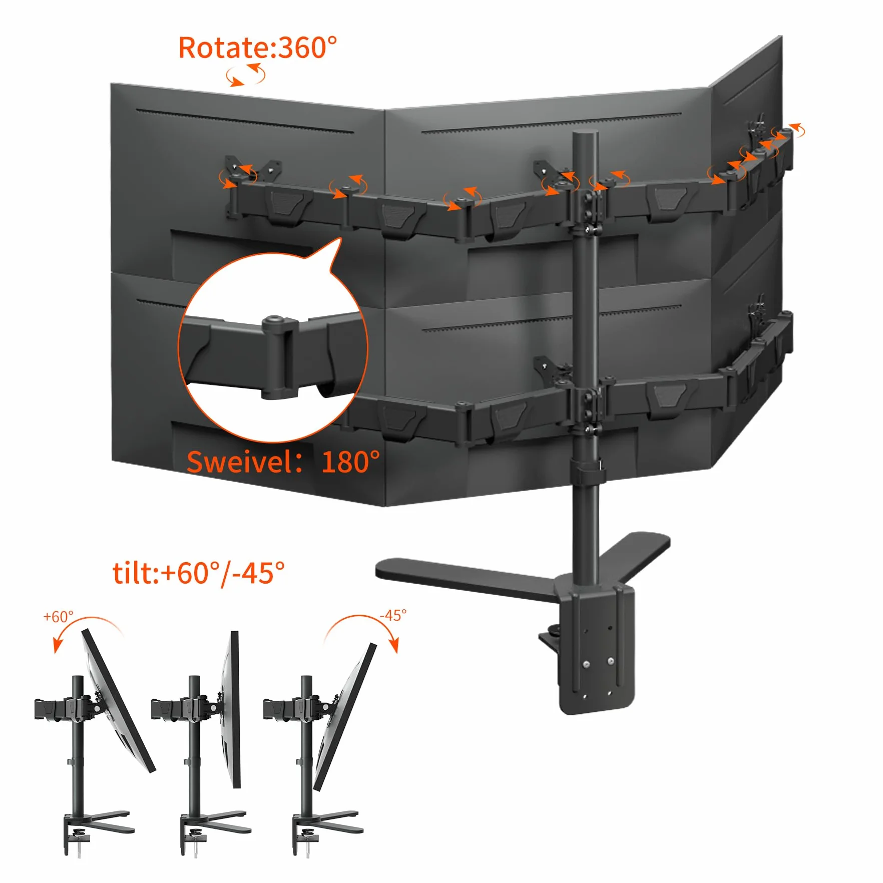 Uchwyt na ramię do monitora 6 monitorów o przekątnej ekranu 17-27", ergonomiczny, regulowany stojak stołowy, obracany o 360°, uchwyt na ekran, 2-9 kg na ekran, uchwyt monitora VESA 75/100 mm