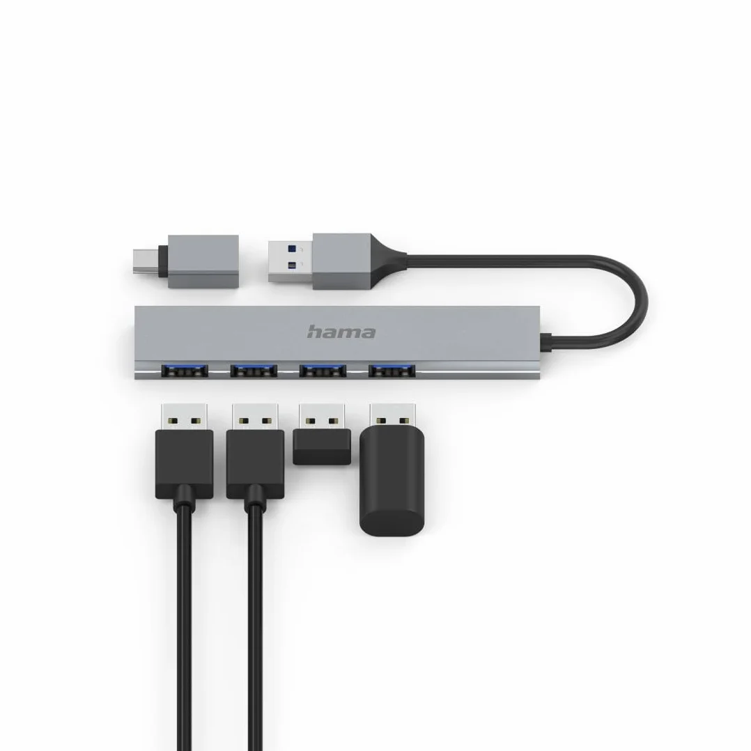 Hama hub USB A (4x USB-A, adapter USB C, USB 3.2, PD, power delivery, 5 Gbit/s, 100 W, ultra slim, stacja portów, rozdzielacz, multiport) antracyt