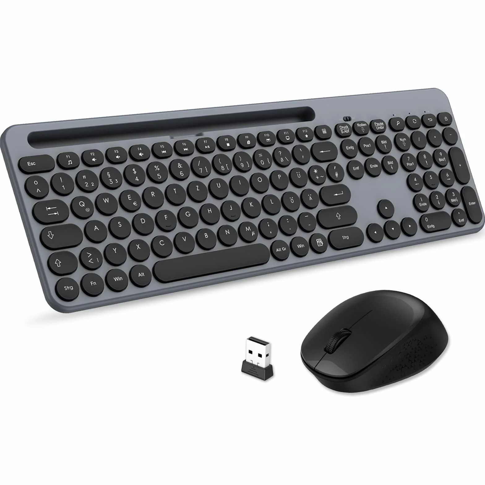 LeadsaiL Zestaw bezprzewodowej klawiatury, ergonomiczna mysz i klawiatura, bezprzewodowa klawiatura i mysz w standardowym rozmiarze, niemiecki układ QWERTZ, cichy przycisk kliknięcia, 12 klawiszy FN