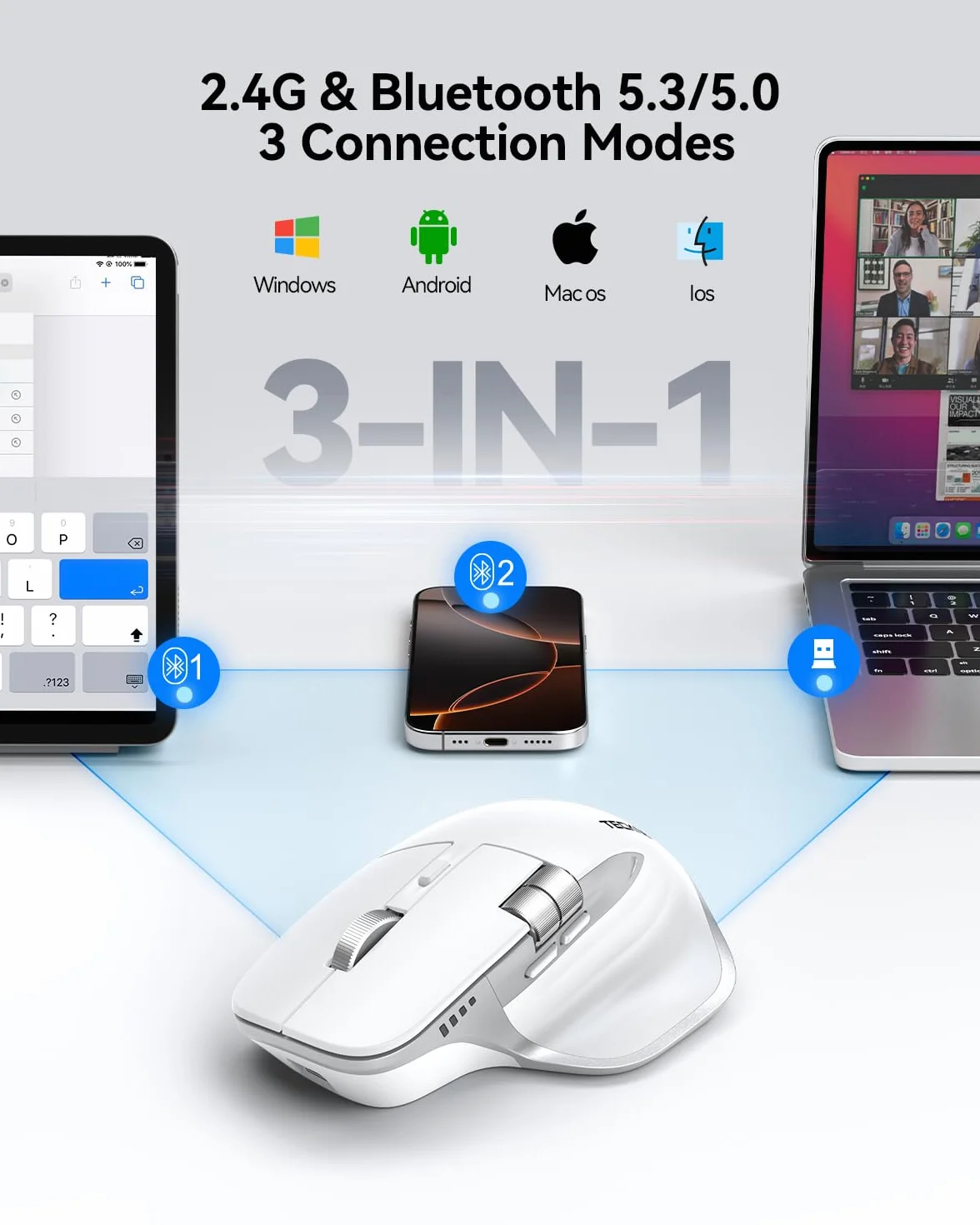 TECKNET Bezprzewodowa Mysz Bluetooth (BT 5.3/5.0+2,4G), Boczne Kółko Przewijania, Ładowalna Mysz Ergonomiczna, Ciche Klikanie, 4800 DPI, 7 Przycisków, dla Mac OS, Windows, Biały | 3 tryby (BT 5.3/5.0+2.4G), cichy, 6 regulowanych poziomów DPI, kompatybilny