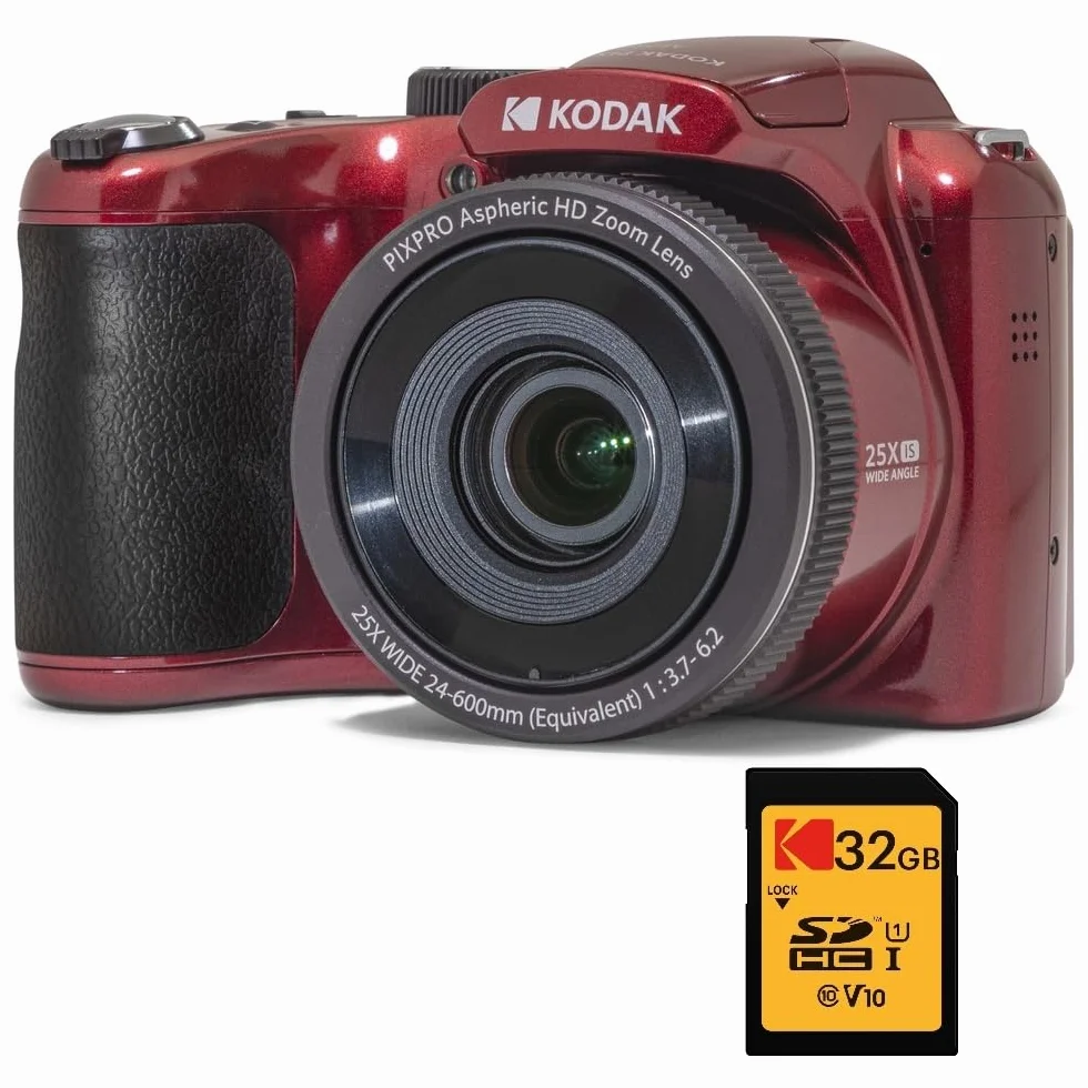 KODAK Pixpro Astro Zoom AZ255 + karta pamięci SD 32 GB - aparat cyfrowy 16 MP, 25-krotny zoom, wideo HD 1080p, szeroki kąt 24 mm, ekran LCD 3, bateria AA - czerwona