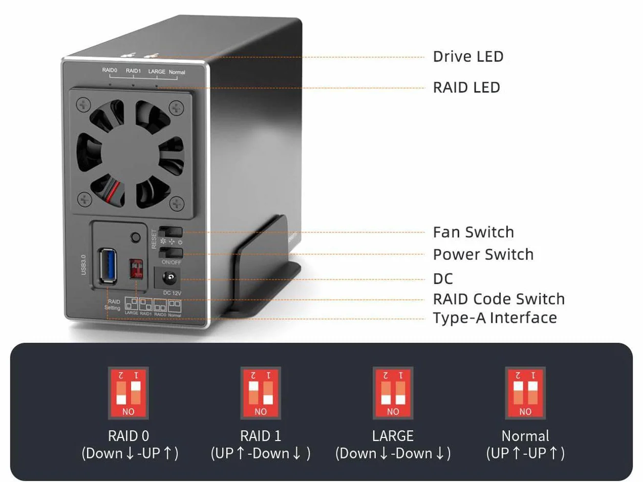 KALEA-INFORMATIQUE Obudowa USB 3.0 5G na 2 dyski twarde SATA z zasilaczem 50 W, pojemność 32 TB. Sprzętowy RAID 0 1 0+1