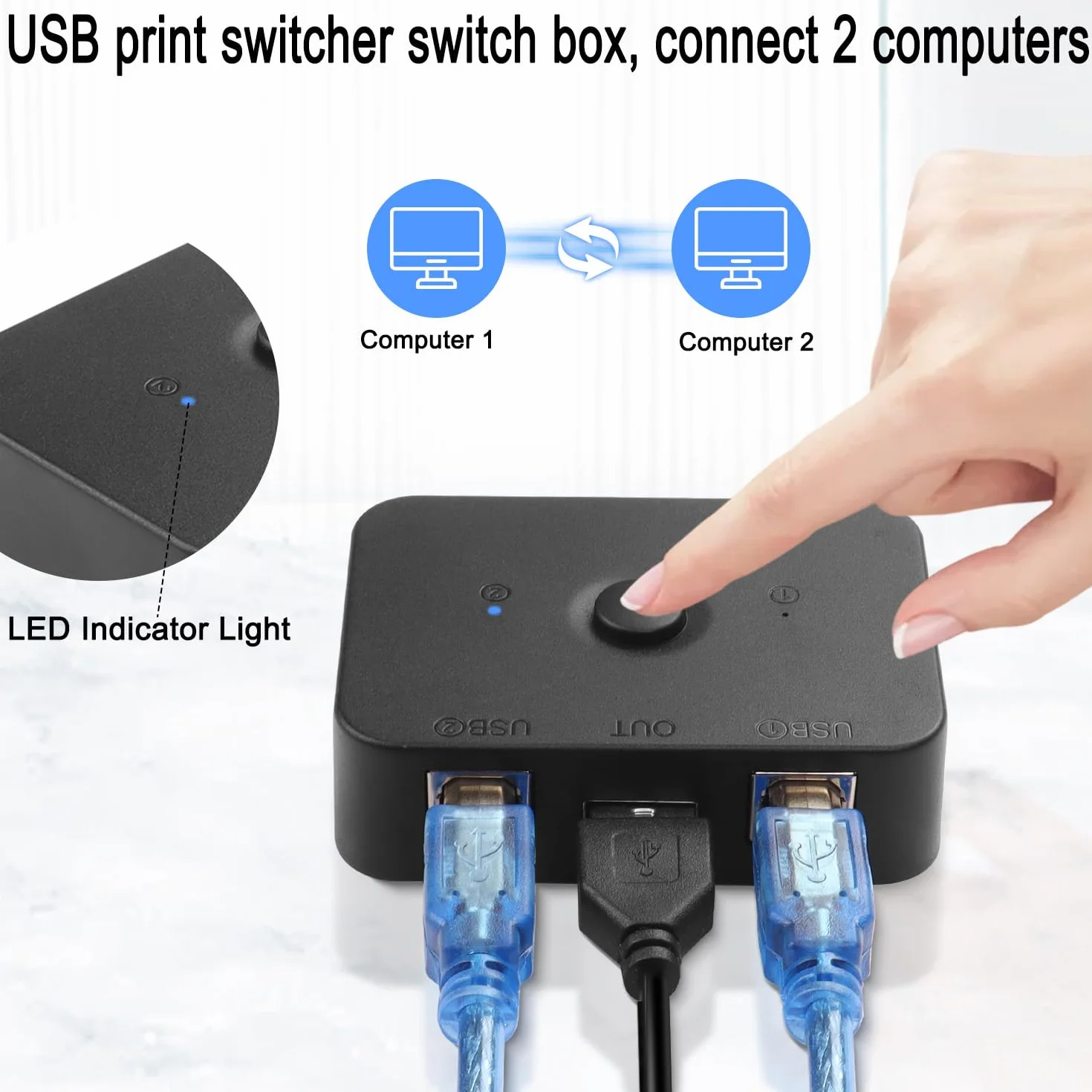 QIANRENON USB2.0 Printer Sharing Switch 2 porty USB B przełącznik drukowania, adapter 2 części komputerowe, 1 drukarka, przełącznik ręczny, ze światłem LED, w zestawie 2 x kabel USB 2.0 do drukarki
