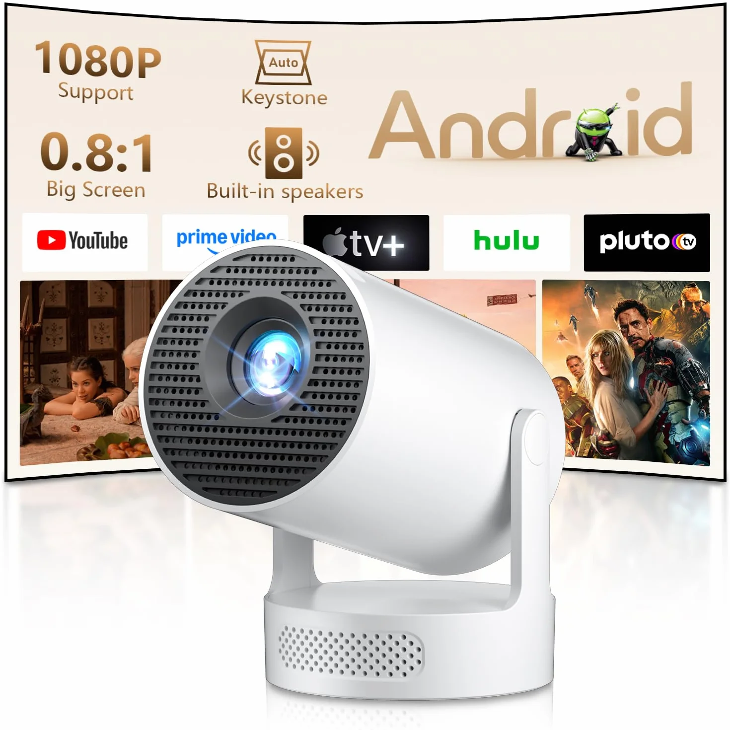 Mini projektor 4K, automatyczna korekcja trapezu z WiFi 6 BT, inteligentny projektor 4K FHD 1080p, obsługuje system Android 11.0, mały rzutnik, telefon komórkowy, obracany o 180°, kompatybilny z USB