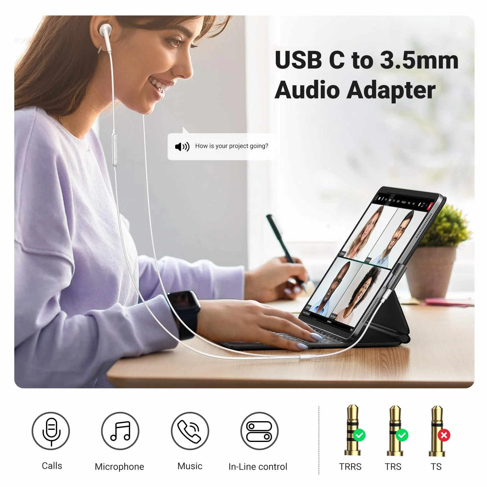 UGREEN Adapter USB typu C na Jack 3,5 mm DAC Chip Słuchawki Mikrofon 90 stopni Kompatybilny z iPhone 16 Plus Pro MAX Galaxy S25 Ultra iPad 2024 Pixel 9 XL (czarny)