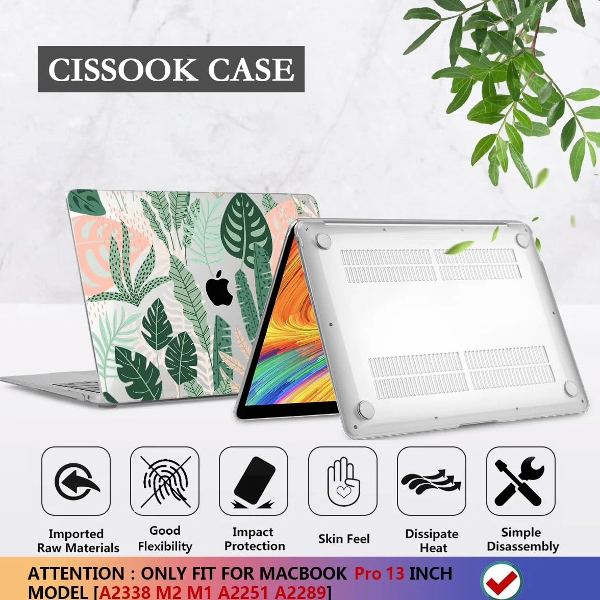 CISSOOK Palm do MacBooka Pro 33.0 cm etui 2023, 2022, 2021, 2020, układ M2, A2338, M1, A2251, A2289, z paskiem dotykowym, tropikalna twarda obudowa z klawiaturą do MacBooka Pro 13, tropikalne liście