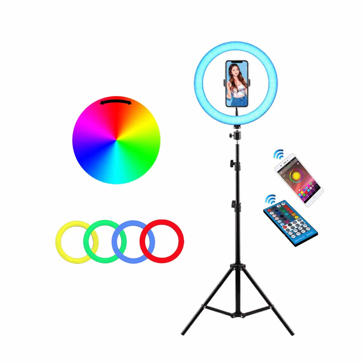 10-calowe RGB ściemniane biurko makijaż selfie lampa pierścieniowa ze statywem i uchwytem na telefon do transmisji na żywo, fotografii, wideo, 8 trybów światła