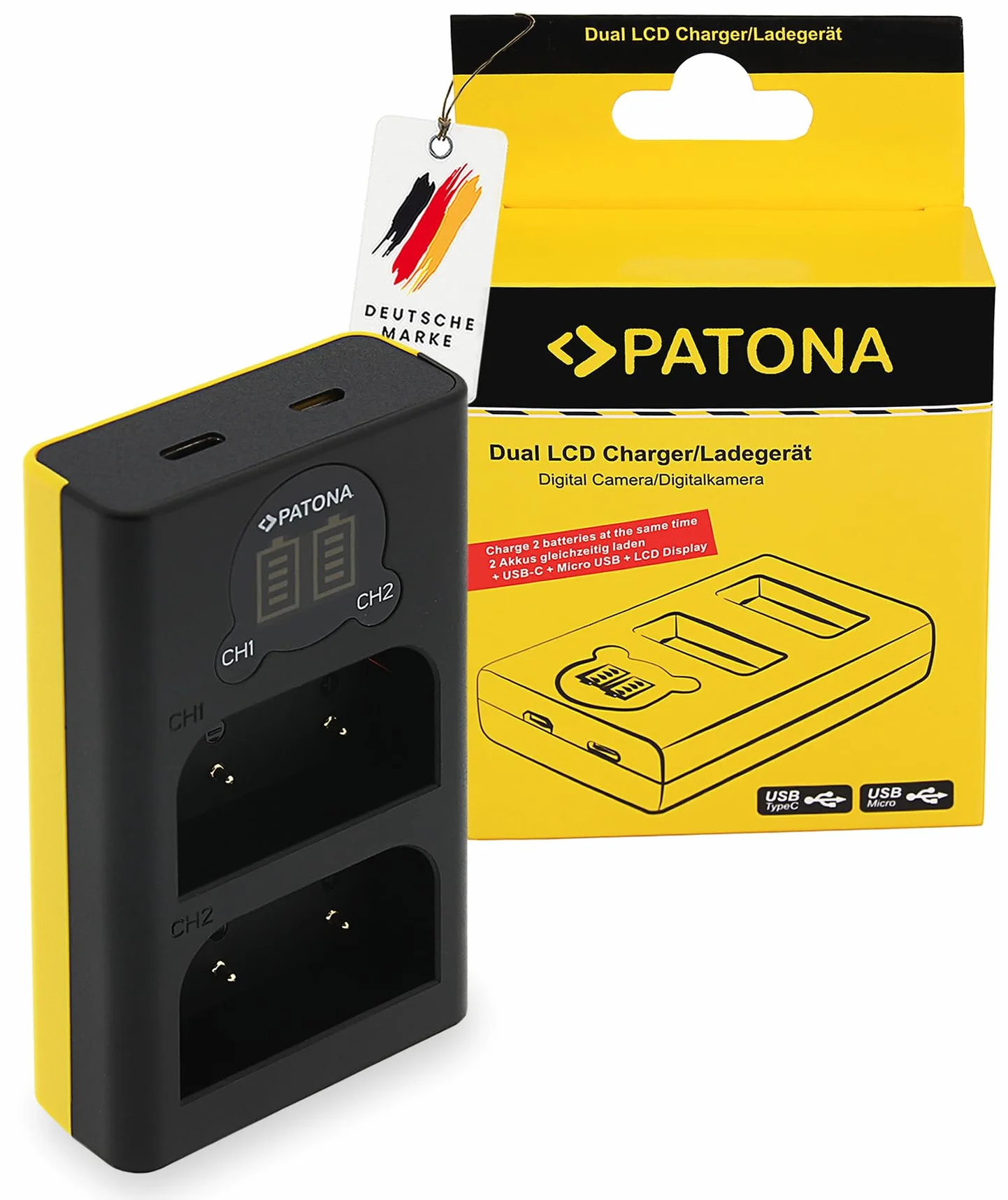 PATONA Dual LCD Ładowarka USB-C/Micro-USB do Olympus BLX-1 BLX1 | Kompaktowa ładowarka podróżna do OM System OM-1, OM1 Mark II, OM-3, OM3, z kablem USB