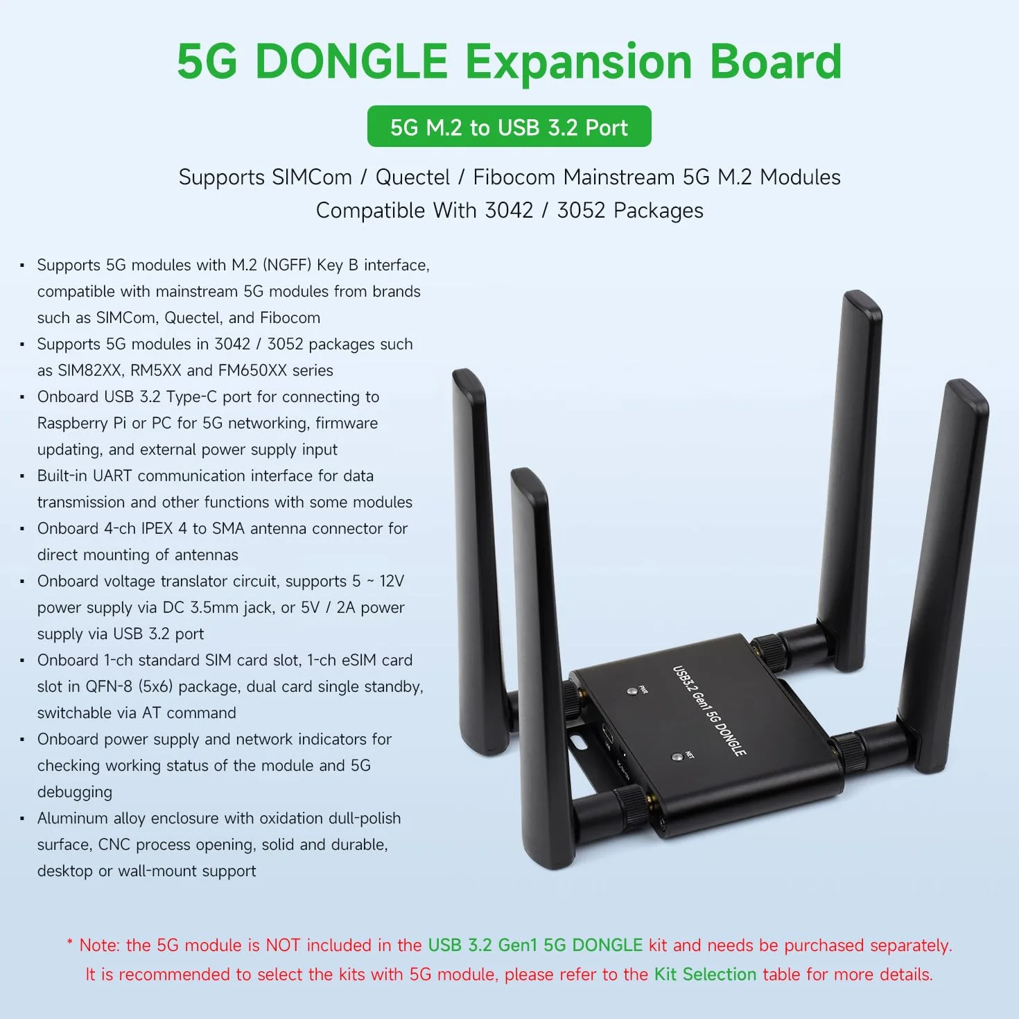 Waveshare 5G DONGLE Expansion Board ONLY, USB 3.2 Port, Aluminum Alloy Case, Quad Antennas, Onboard M.2 Key B Interface, Does NOT Include 5G Module