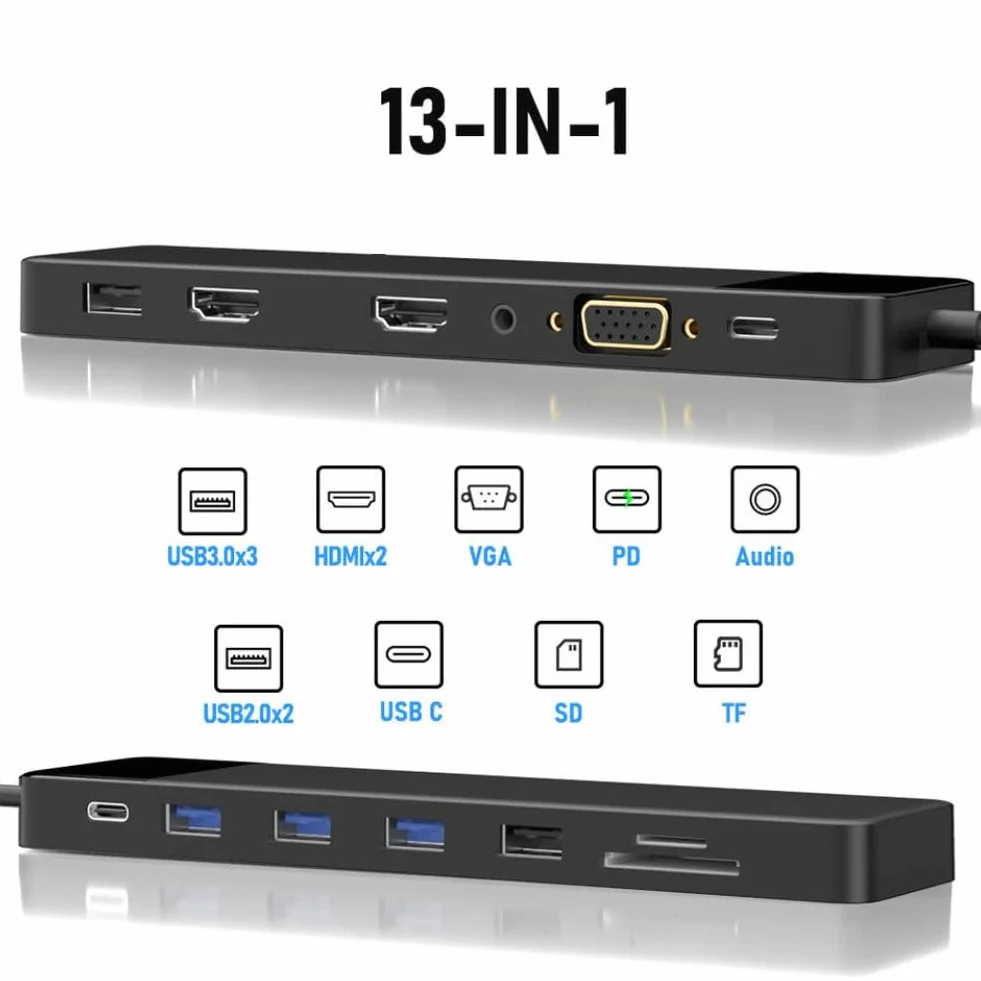 Hub USB C 13 w 1 stacja dokująca 4K 30Hz HDMI USB3.0 PD100W RJ45 VGA SDTF rozdzielacz USB kompatybilny z laptopem Pro Air