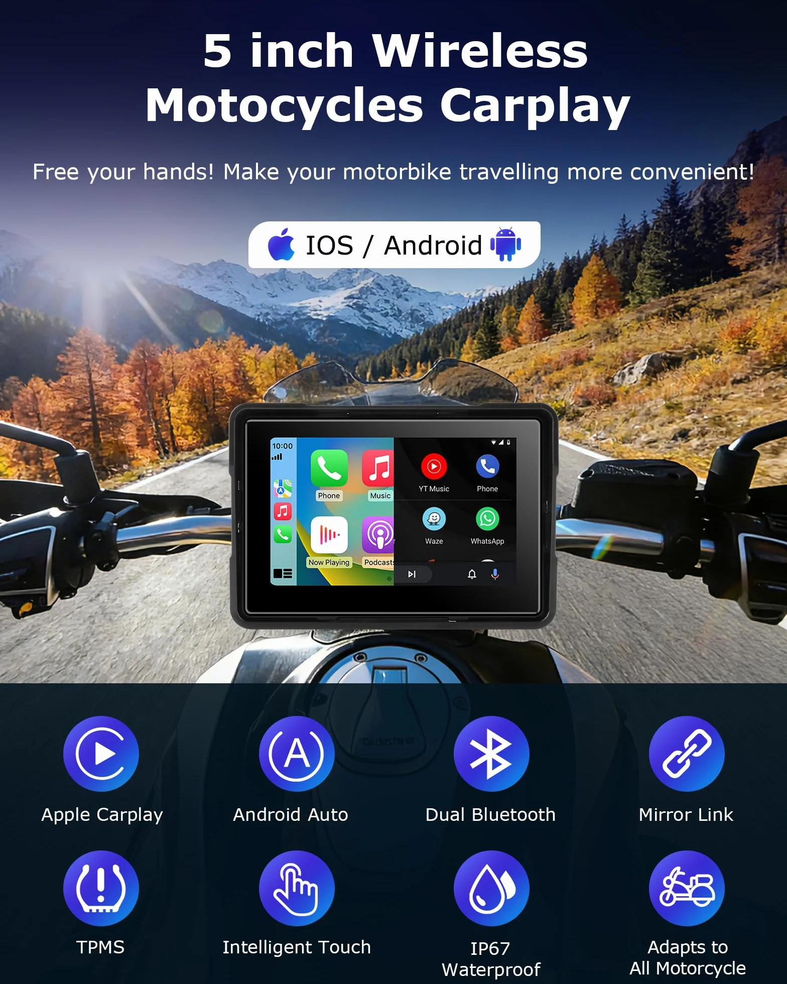 Jansite Carplay Moto Android Auto Screen z TPMS, 5-calowy ekran dotykowy Moto Navigator Wodoodporny IP67 CarPlay i Android Auto Wireless, nawigacja GPS, Siri Goo-gle