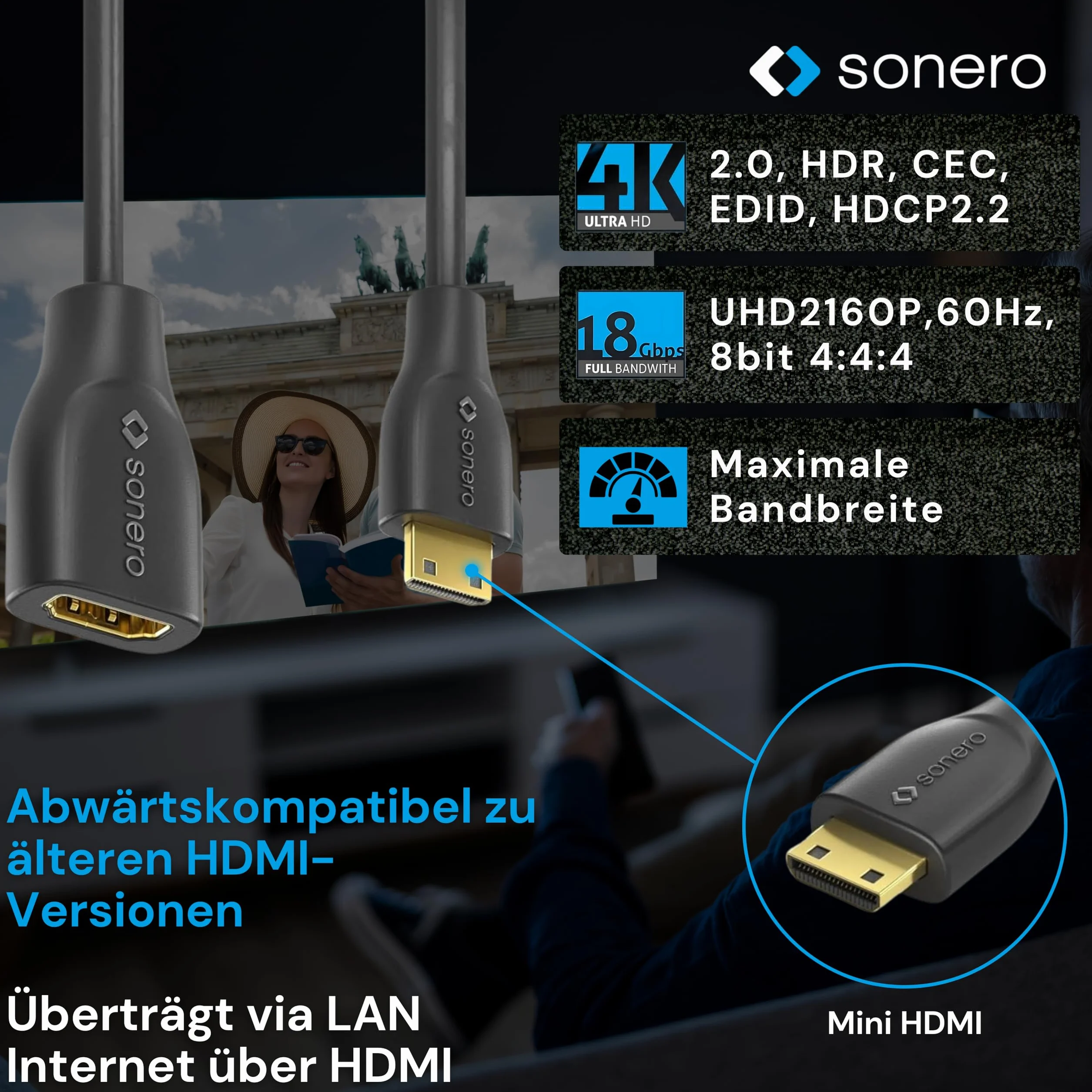 Sonero Mini HDMI na 4K HDMI Adapter do oszczędzania portów HDMI, wysoka prędkość Premium, wtyczka Mini HDMI C do gniazda HDMI A, podwójny ekran, obudowa PCV, 0,15 m, kurtka PVC, X-PHA020-0015