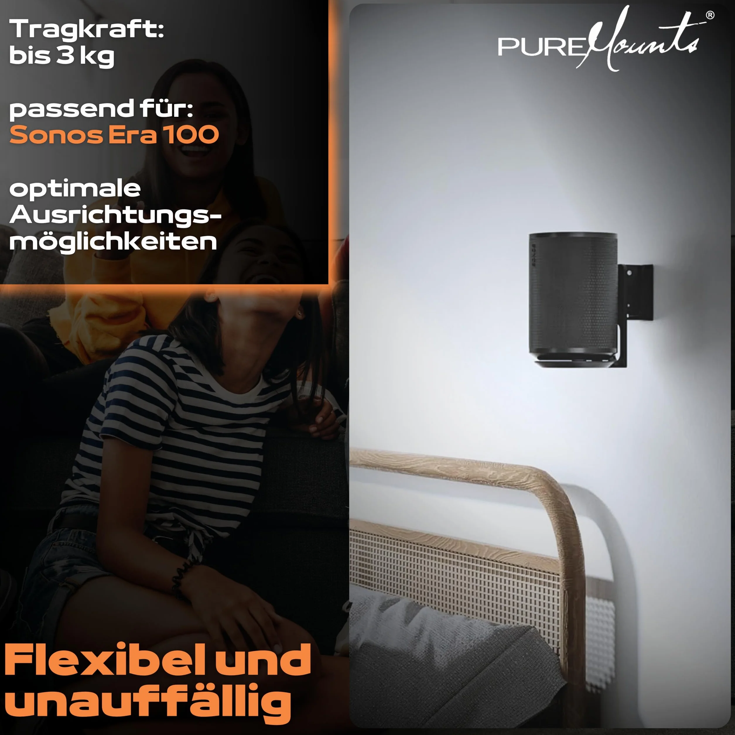 PureMounts Uchwyt ścienny do Sonos Era 100, wychylny +/-45°, nachylenie 0/-18°, 3 kg, czarny