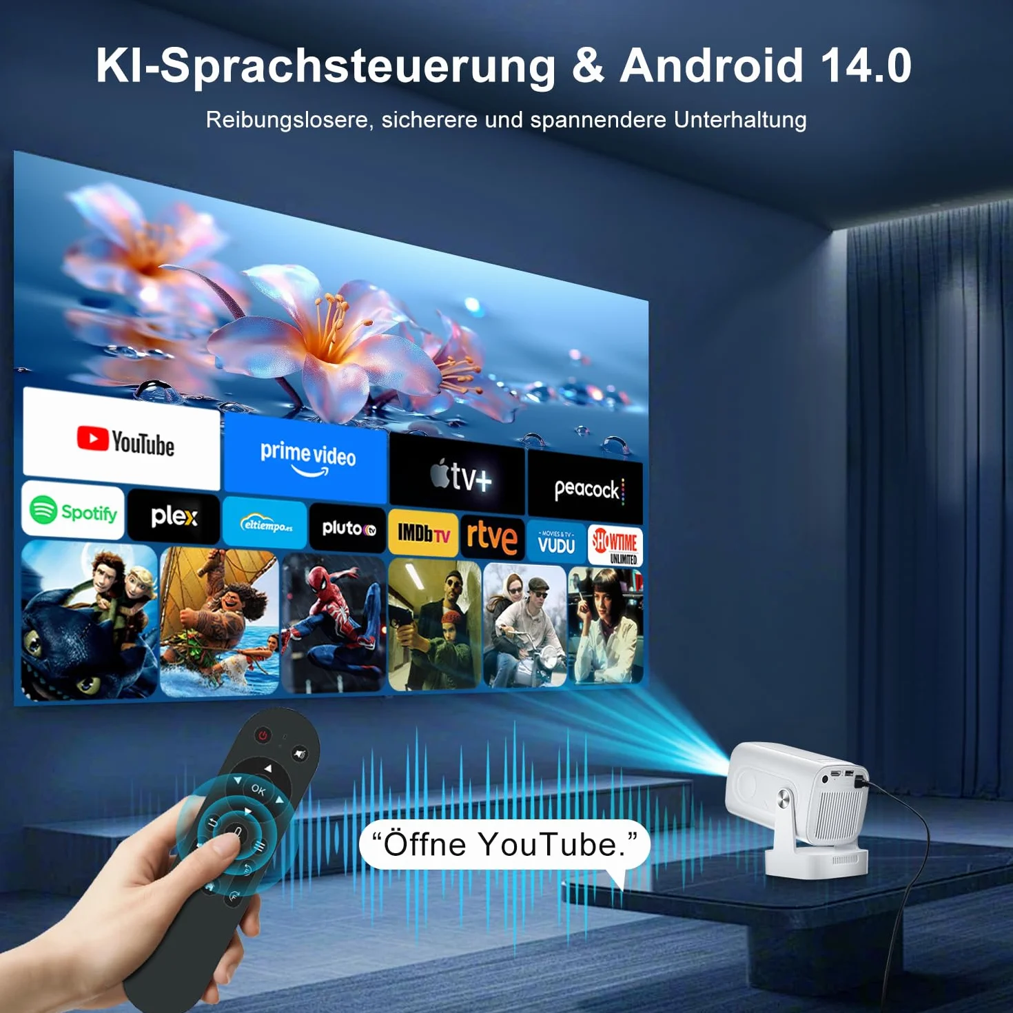 Mini Projektor Salange, Obsługuje Rozdzielczości 8K i 1080P, Autofokus, Przenośny Projektor z Wi-Fi 6 i BT 5.4, Auto Korekcja Trapezu,Obsługujący Rozdzielczość 4K, System Kina Domowego Android 14