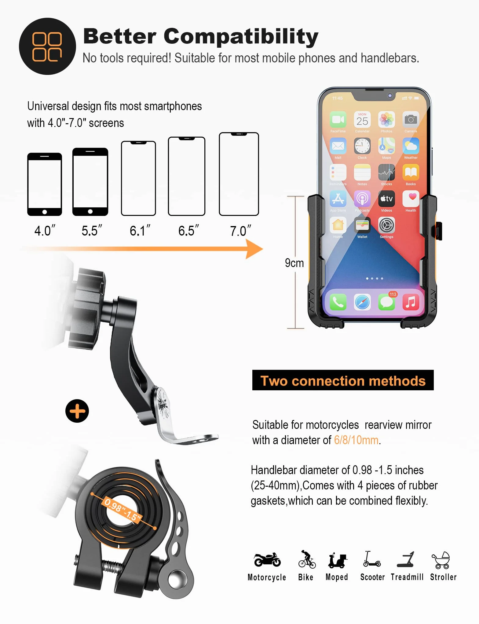 Grefay Motocykl Uchwyt na Telefon uchwyt na Kierownicę Motocykl Uchwyt na Telefon Lusterko Wsteczne (2 Metody Połączenia + 1 S Szybki Demontaż) z 360 Obrotem Dla Smartfona 4.0-7.0 Cala