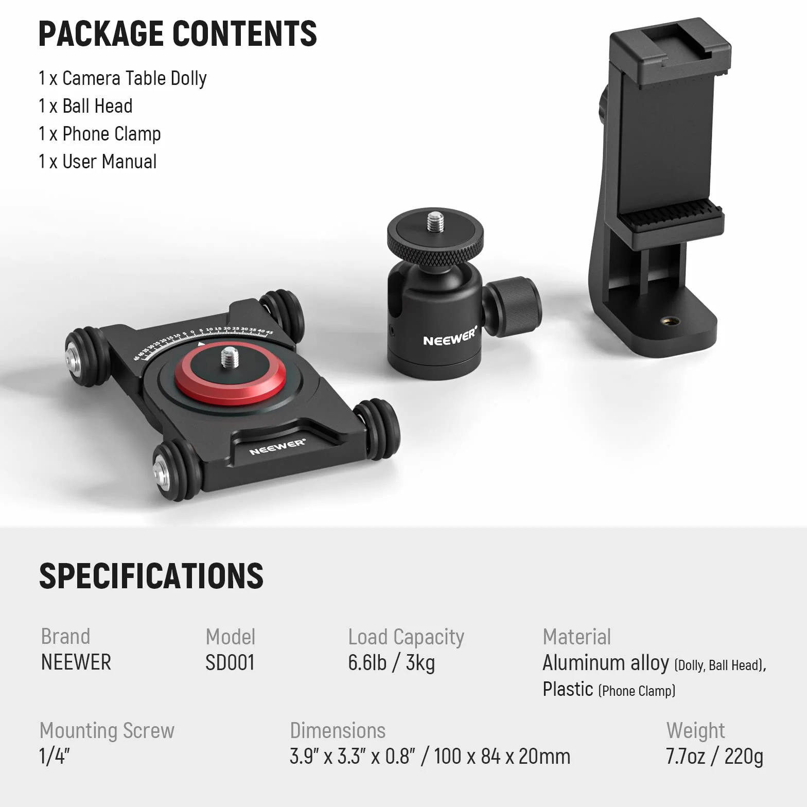 NEEWER Sd001 Slider Dolly kamera z głowicą kulową i zaciskiem do telefonu, 4-kołowy stół Dolly z panoramą 360°, kompatybilny z kamerą bezlusterkową, mini kamerami GoPro iPhone i telefonami komórkowymi