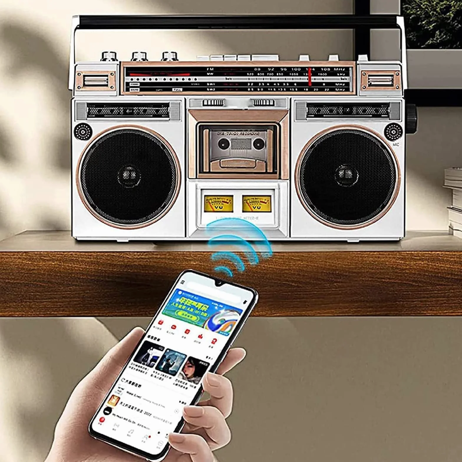 Boombox retro z Bluetooth, odtwarzacz taśmowy CD, radio FM/DAB+, nagrywanie USB do podróży rodzinnej