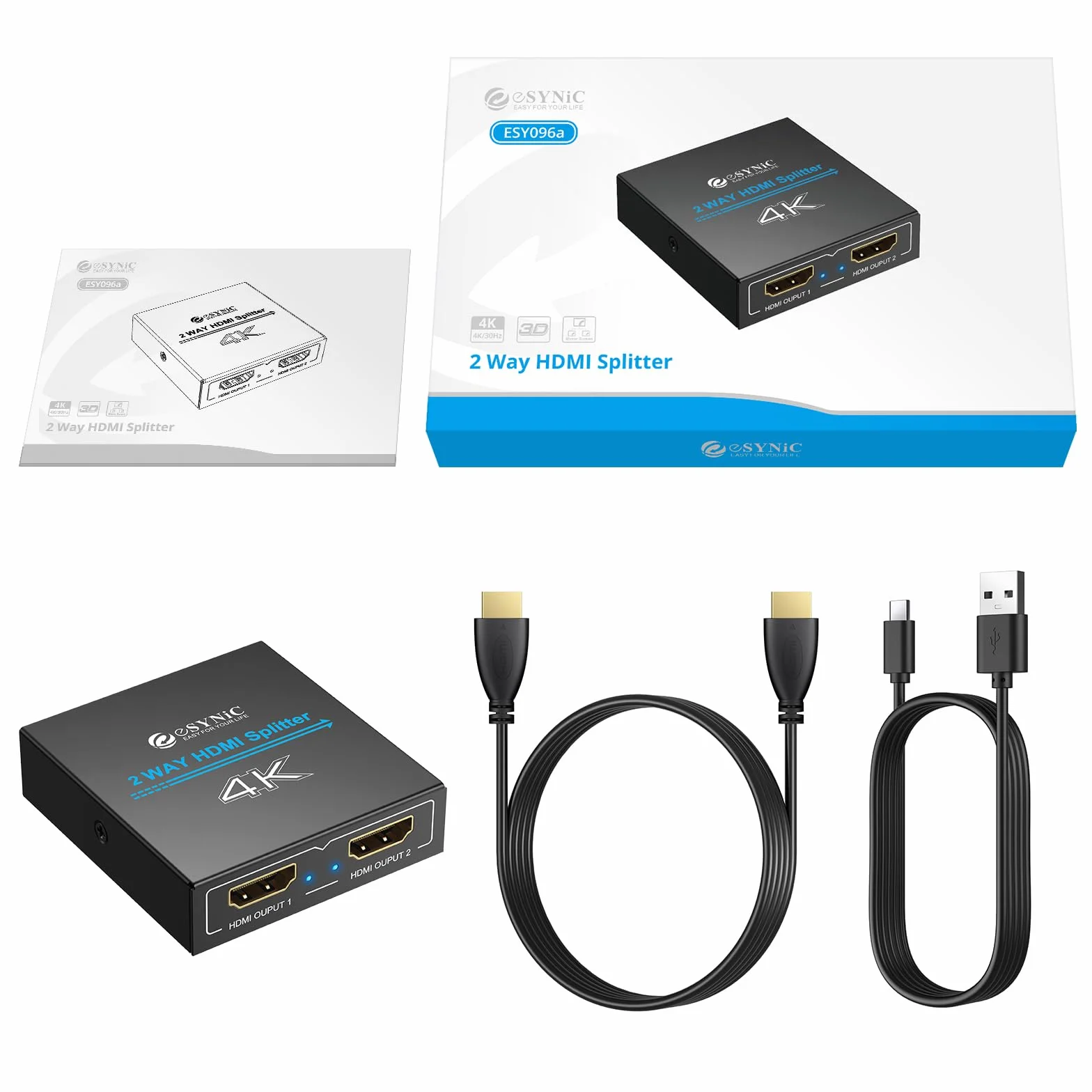 eSynic Rozdzielacz HDMI 1x2, rozdzielacz HDMI 4K 1 w 2 wyjścia HDMI adapter wzmacniacza aluminium wersja 1.4 HDCP z zasilaczem obsługuje 3D 4K 30HZ Full HD1080P do PC PS3 PS4 odtwarzacz Blu-ray HDTV
