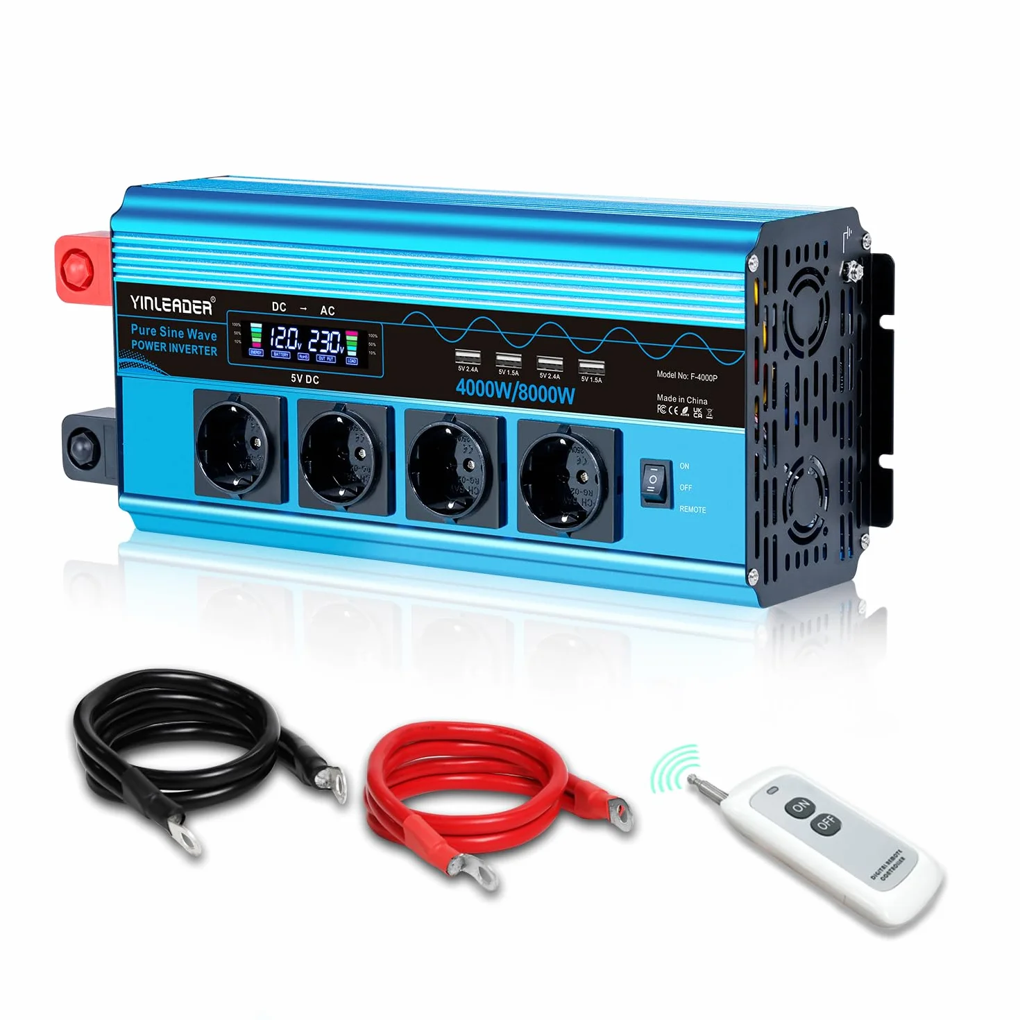Yinleader Konwerter napięcia 12V 220V czysty sinus 4000 W/8000W LCD konwerter napięcia, 4 USB (z pilotem)