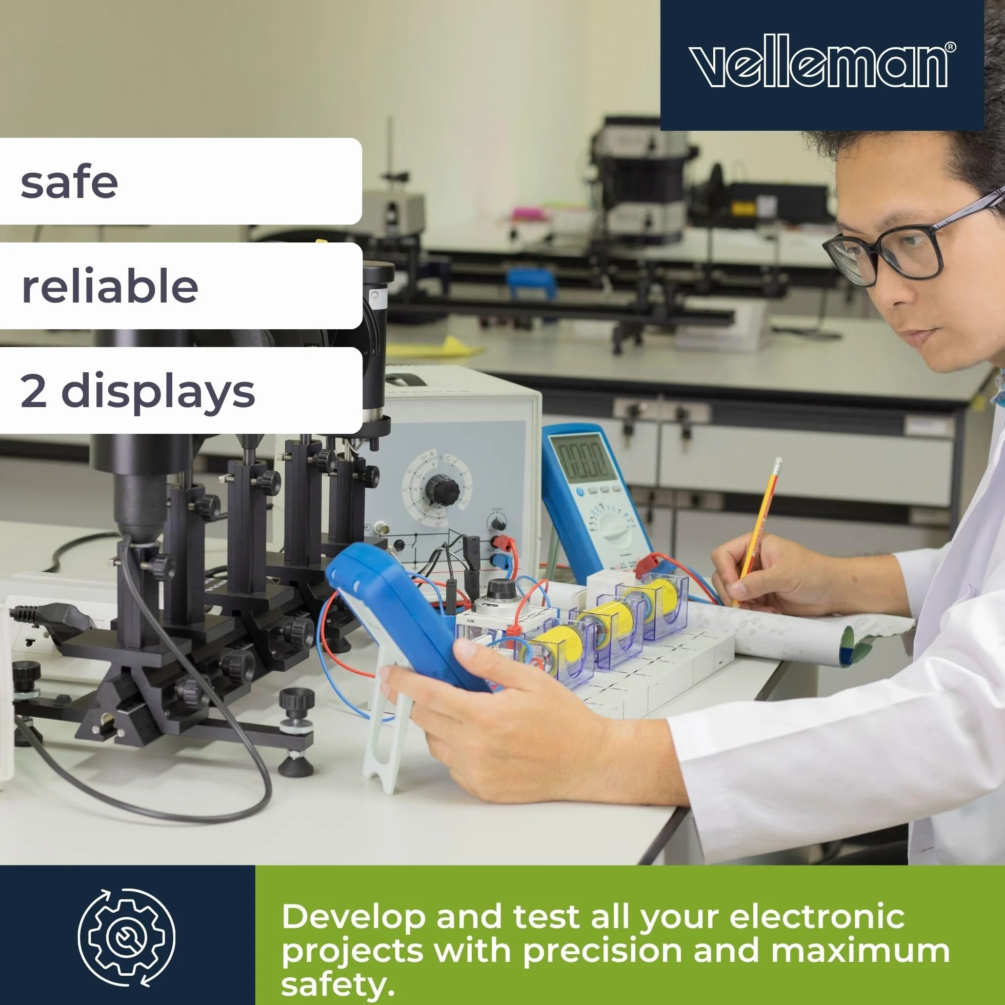 Velleman Zasilacz Lab, przełączany, regulowany, 0-30 VDC/0-10 A, ograniczenie prądu, zabezpieczenie przeciwzwarciowe, wyświetlacz LCD, szary