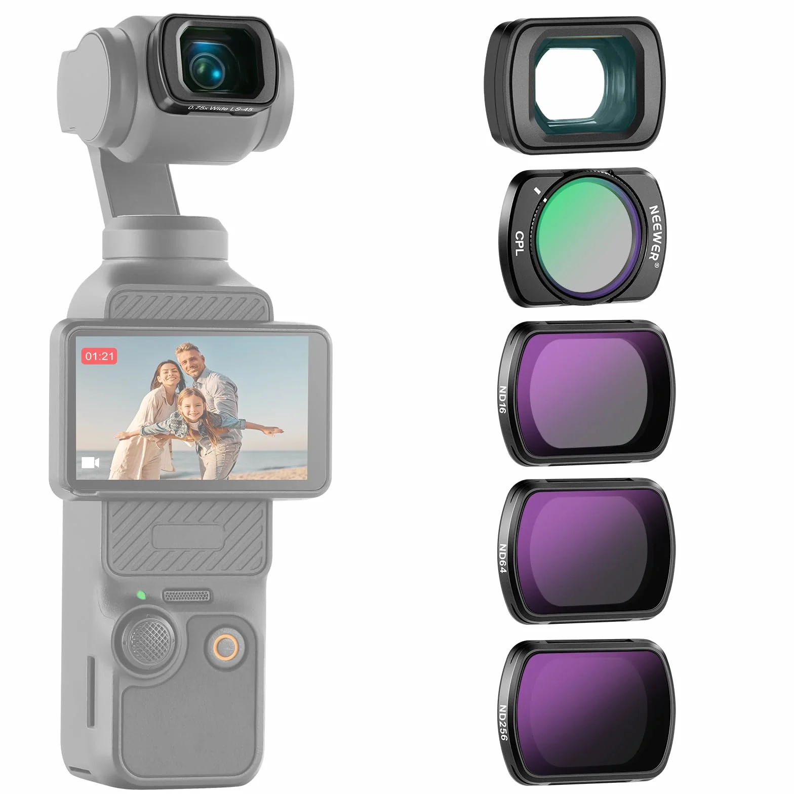 Neewer Zestaw filtrów ND (4 sztuki) z obiektywem szerokokątnym 0,75X 108° rozszerzonym FOV, ND16 ND64 ND256 filtr polaryzacyjny kołowy CPL kompatybilny z akcesoriami DJI Osmo Pocket 3 Creator Combo