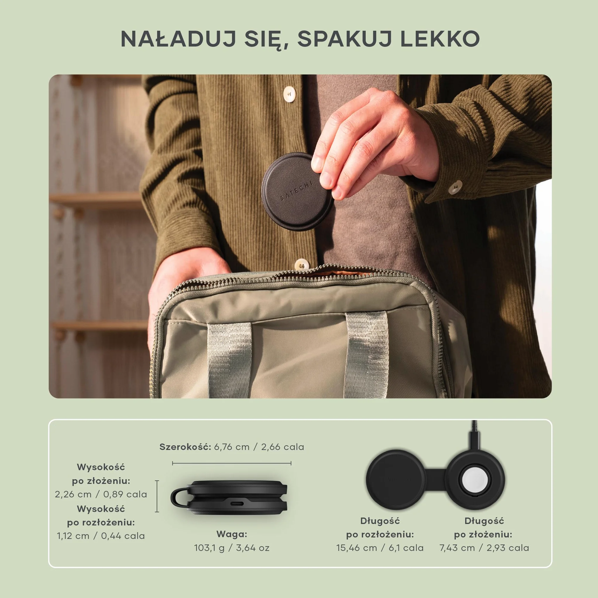 SATECHI składana ładowarka Qi2 OntheGo™ 2 w 1, 15 W, czarna | 15 W dla iPhone’a, 5 W dla Apple Watch i AirPods; zasilacz USB-C nie jest dołączony – wymagany min. 30 W