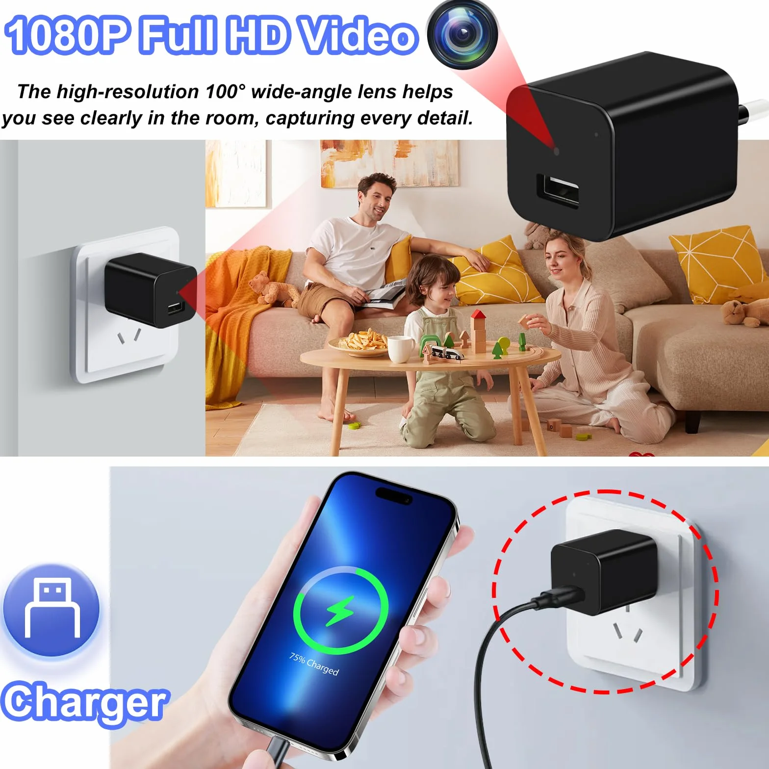 TANGMI Kamera szpiegowska, ładowarka USB / adapter mini ukryta kamera szpiegowska, nagrywanie wideo HD 1080P mikro kamera szpiegowska z wykrywaniem ruchu i nagrywaniem w pętli