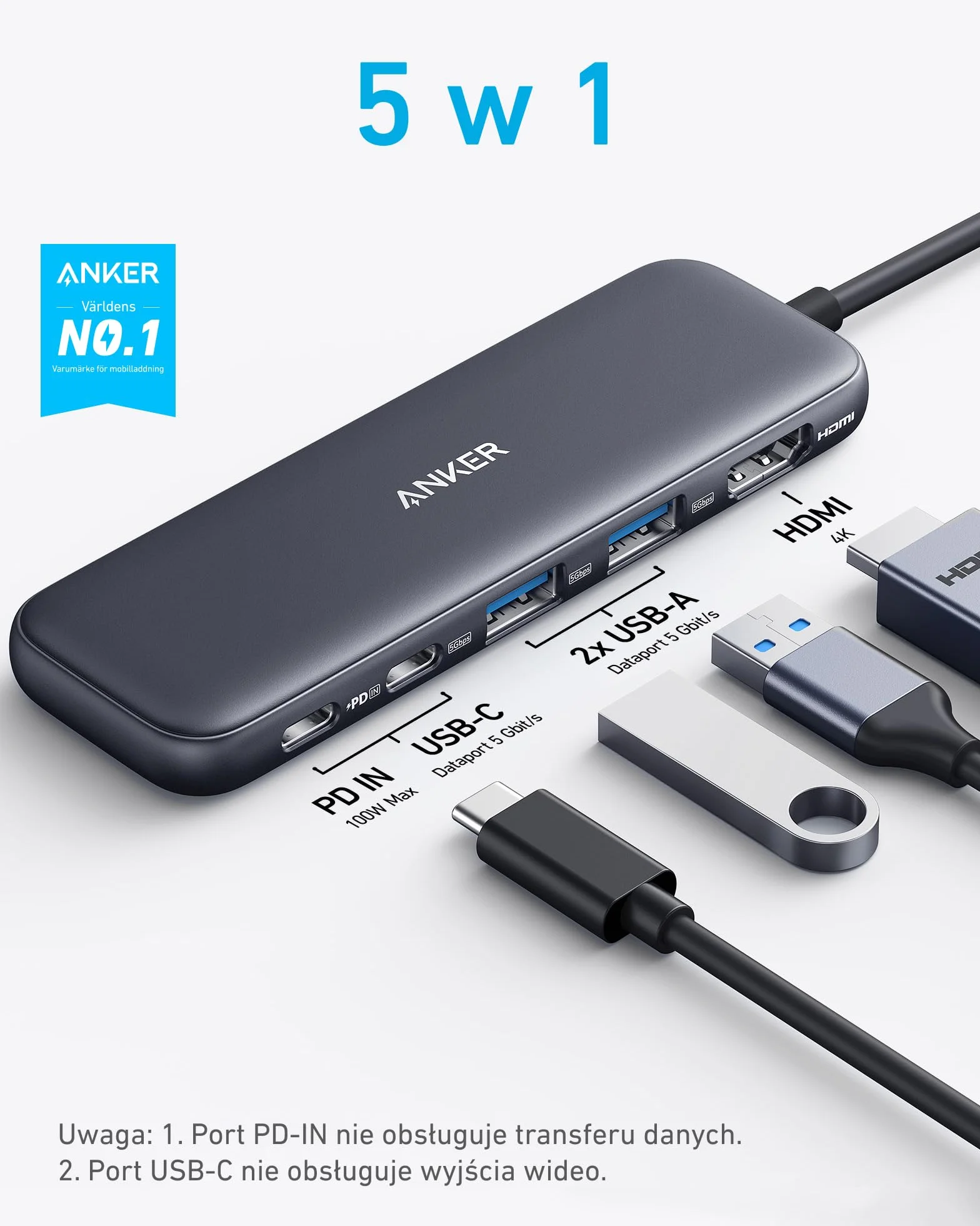 Anker Hub USB C, koncentrator USB-C 332 (5 w 1) z wyświetlaczem 4K HDMI, portem danych 5 Gb/s i 2 portami USB-A do MacBook Pro, Air, Dell XPS, Lenovo Thinkpad, laptopów HP więcej (Czarny)