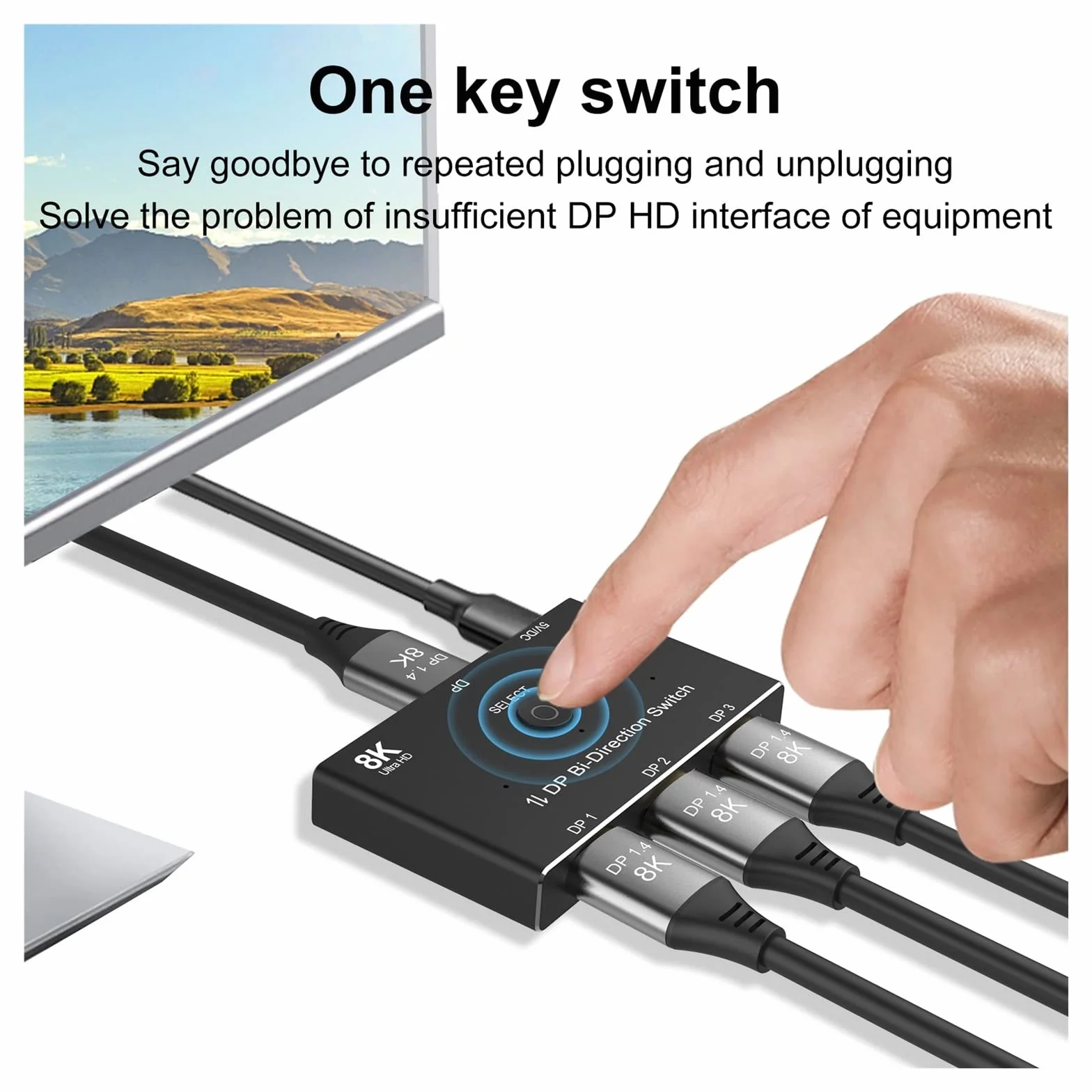 Przełącznik wideo Switch 3 Port DP 1.4 Switcher Box Bi-Direction 1X3 lub 3x1 32,4 gb/s 8K @ 60Hz 4K @ 144Hz HDR dla Display Port monitor do komputera z wysoką rozdzielczością
