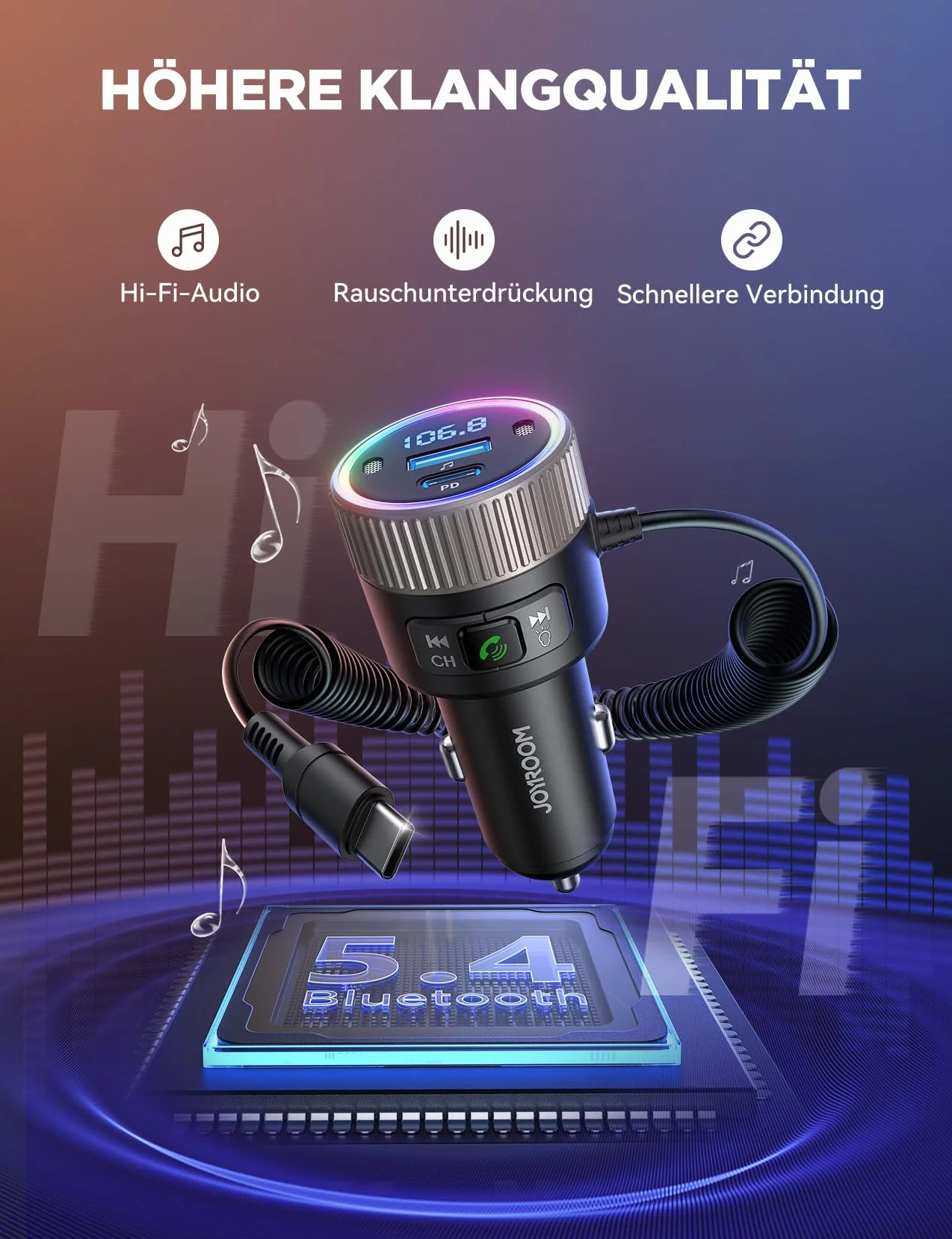 JOYROOM 5.4 Samochodowy Bluetooth 60 W [PD 30W i cewka kablowa typu C 30W] Nadajnik FM Bluetooth Odtwarzacz muzyki bez użycia rąk Stojak na połączenia USB