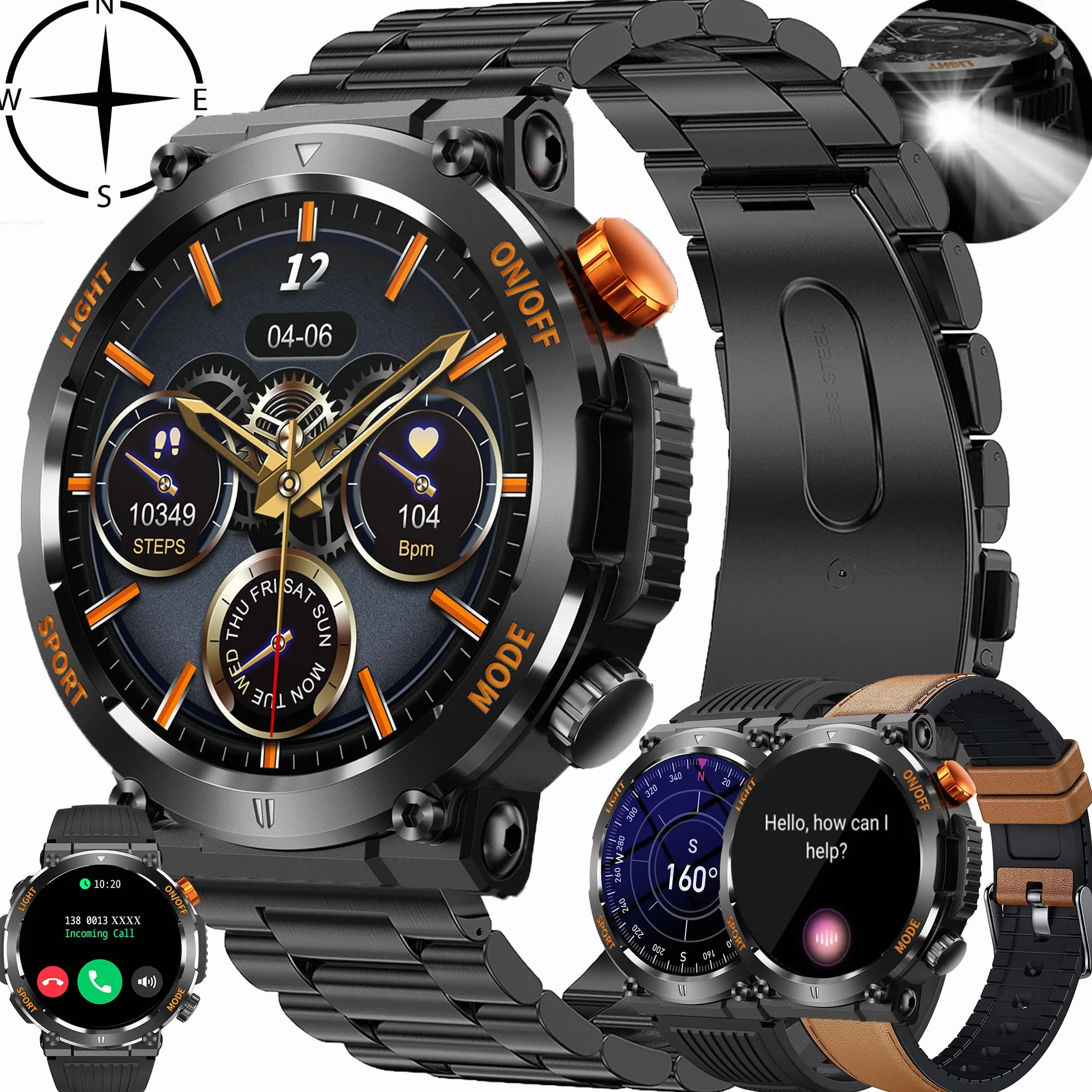 Smartwatch Inteligentny Zegarek Męski z Połączeniami, 1.46" Wodoodporny Smart Watch Sportowy z Latarka, Kompas, Pulsometr Ciśnienie Krwi Bransoletka Aktywność Cyfrowy Zegarek dla IOS Android (czarny)