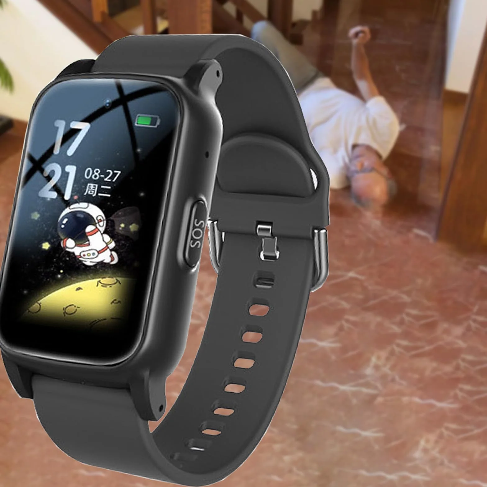 Smartwatch z wykrywaniem upadków dla seniorów, urządzenia ostrzegające o upadkach dla osób starszych, inteligentny zegarek z alarmem SOS i wykrywaniem upadków,Black