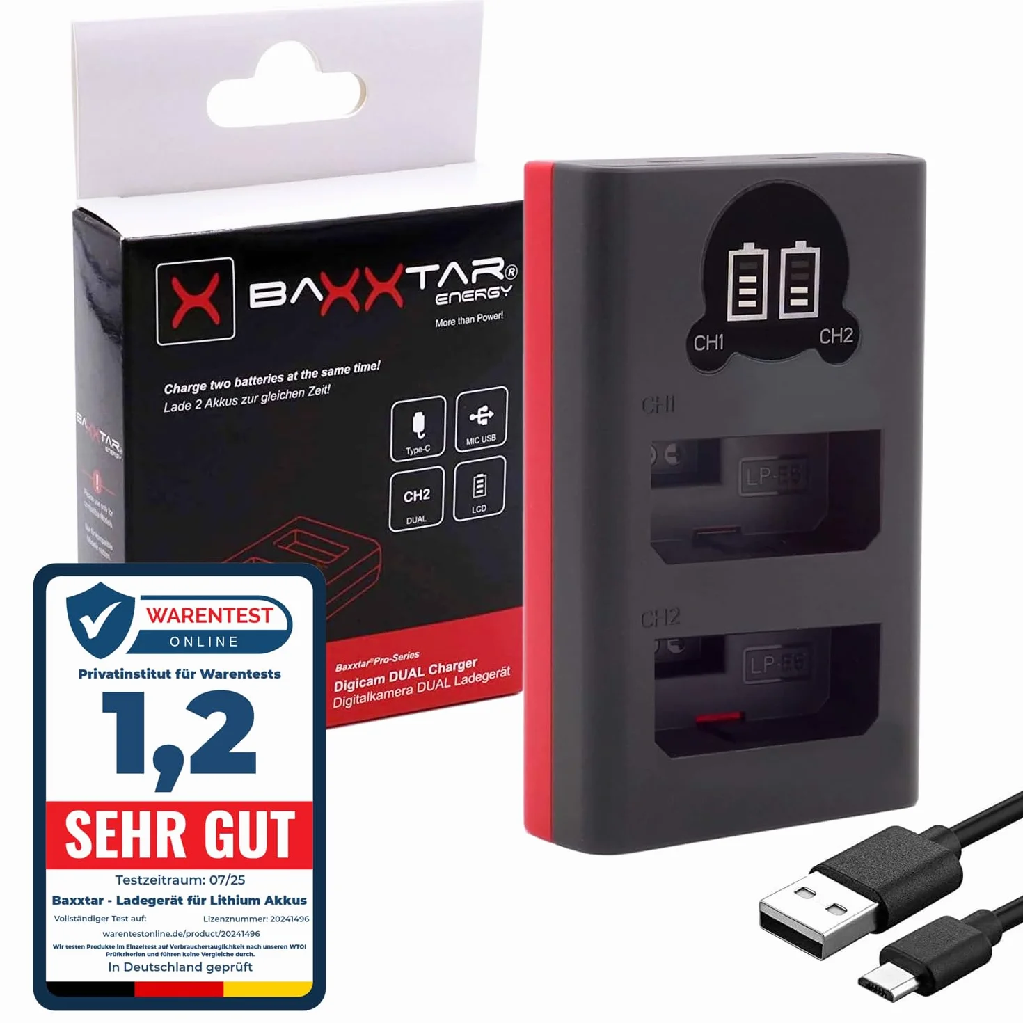 Baxxtar Dual LCD Ładowarka USB-C/Micro-USB do Canon LP-E5 LPE5 | Kompaktowa ładowarka podróżna do EOS Rebel XS XSi T1i 1000D 500D 450D Kiss X3 X2 F