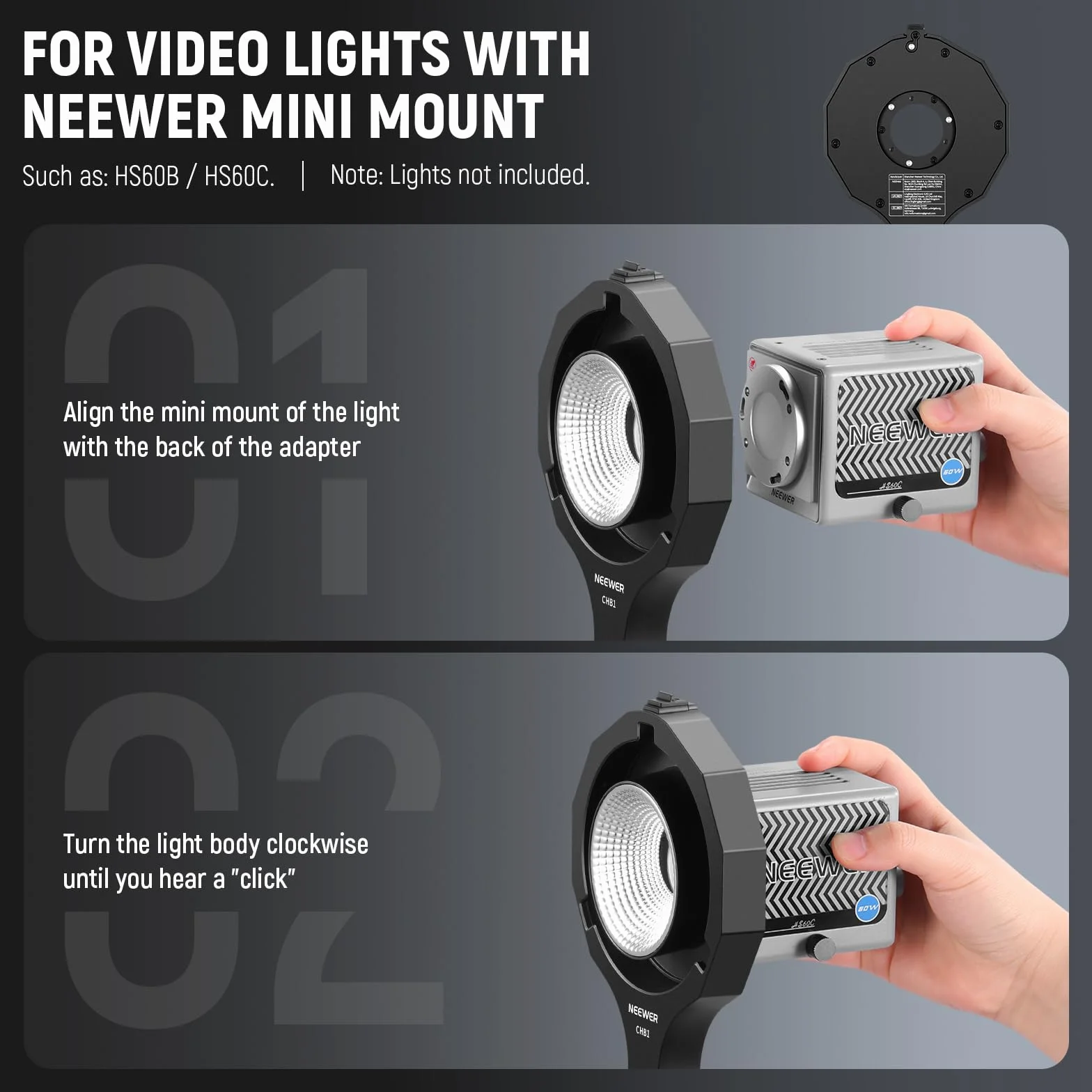 NEEWER Adapter CHB1 Mini na Bowens Mount, Kompatybilny z HS60B/HS60C, 5/8" Odbiornik, 180° Nachylenie i 360° Obrót, Czarny, Tworzywo Sztuczne, Uchwyt do Stawu Oświetleniowego