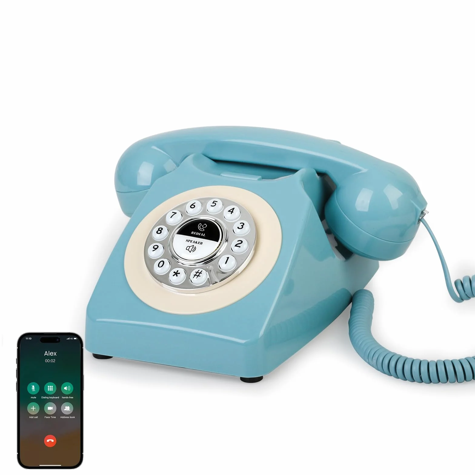 Telefon stacjonarny Bluetooth w stylu retro, niebieski z połowy wieku, z klasyczną słuchawką, głośne dzwonki vintage, Bluetooth łączy się ze smartfonem, uroczy telefon w stylu retro do sypialni, domu