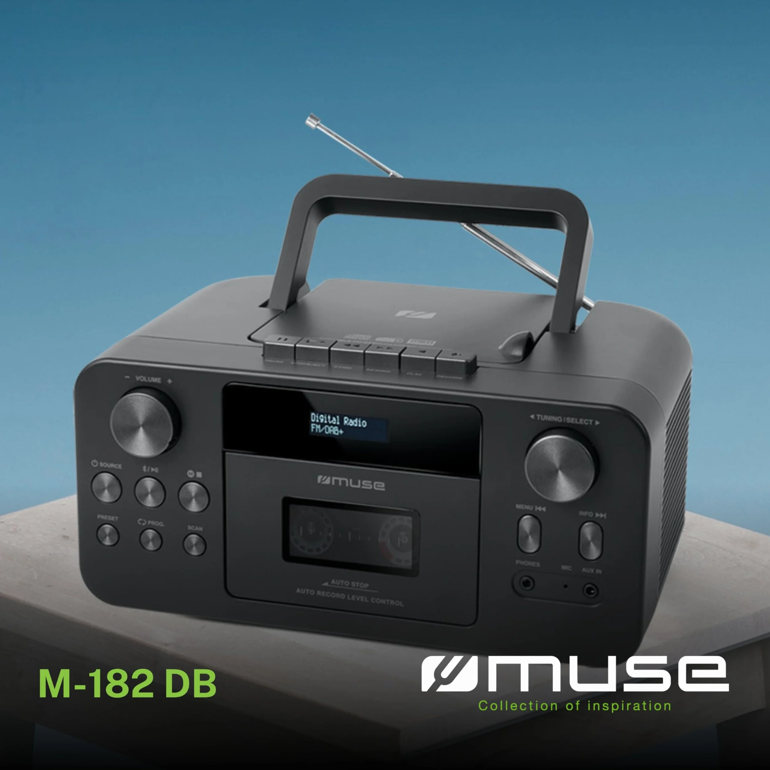 MUSE Przenośne radio DAB+ z odtwarzaczem CD Bluetooth, odtwarzacz kasetowy, UKW, wejście słuchawkowe, AUX-In, wyświetlacz LCD, strumieniowe przesyłanie muzyki, czarne (M-182DB)