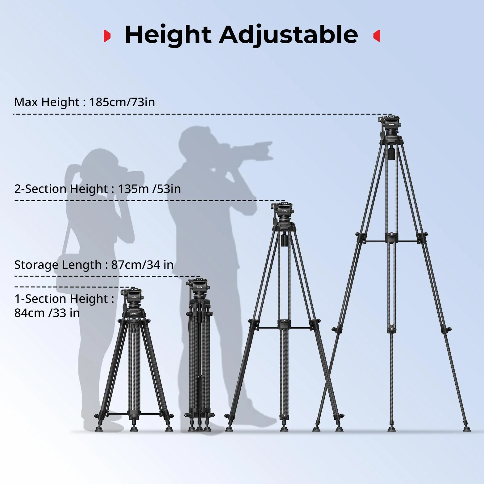 SMALLRIG 73''/185 cm, wytrzymały statyw wideo z włókna węglowego, maks. udźwig 10 kg (22 funty), głowica płynna z zakresem pochylenia od +85° do -78°,waga 2,7 kg (6 funtów) - 5441