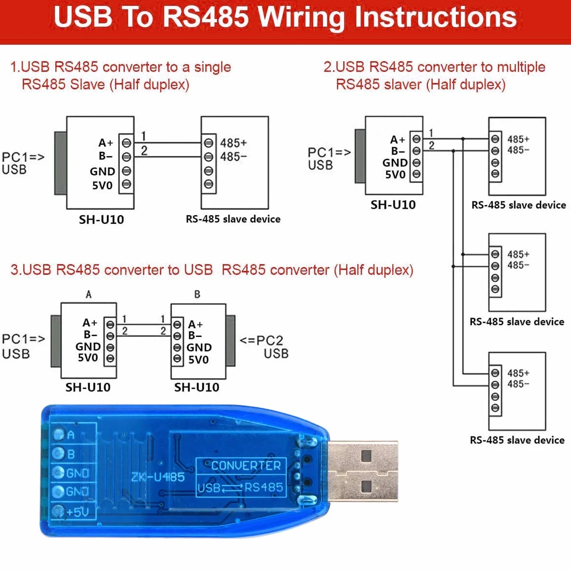 Konwerter USB na RS485 z chipem CH340, kompatybilny z Windows/Linux/Mac OS X