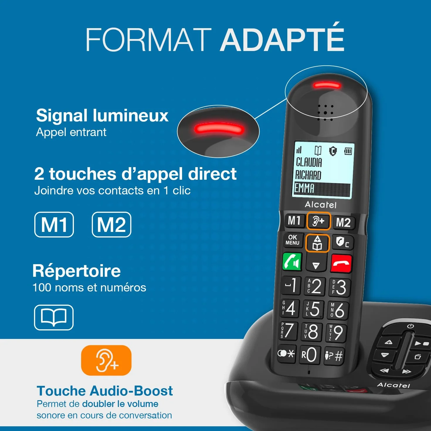ALCATEL XL685 Voice - Bezprzewodowy telefon stacjonarny DECT Senior Format XL z automatyczną sekretarką, ekran o wysokiej czytelności, duże klawisze - Boost audio, głośnomówiący - blokowanie połączeń