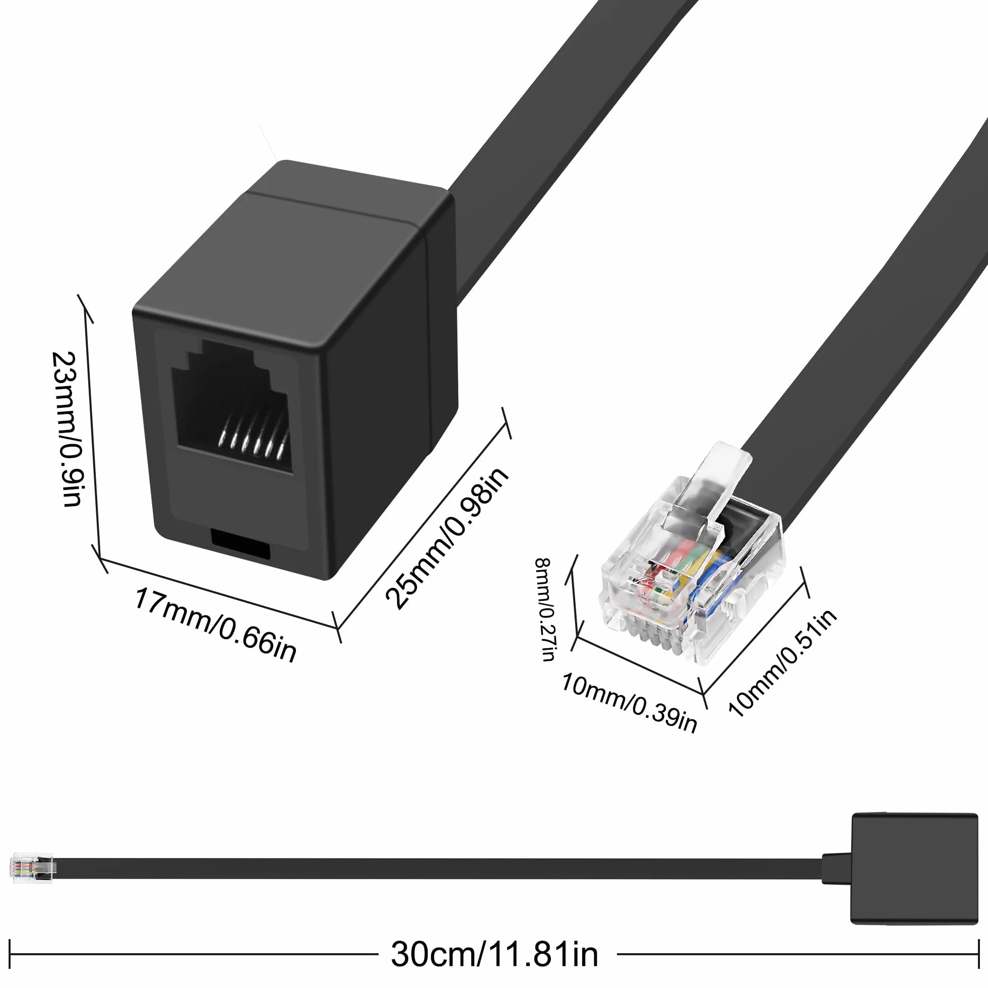 MEIRIYFA RJ12 6P6C wtyczka przedłużacz RJ11/RJ12 Cat3 kabel telefoniczny 30 cm 2 sztuki