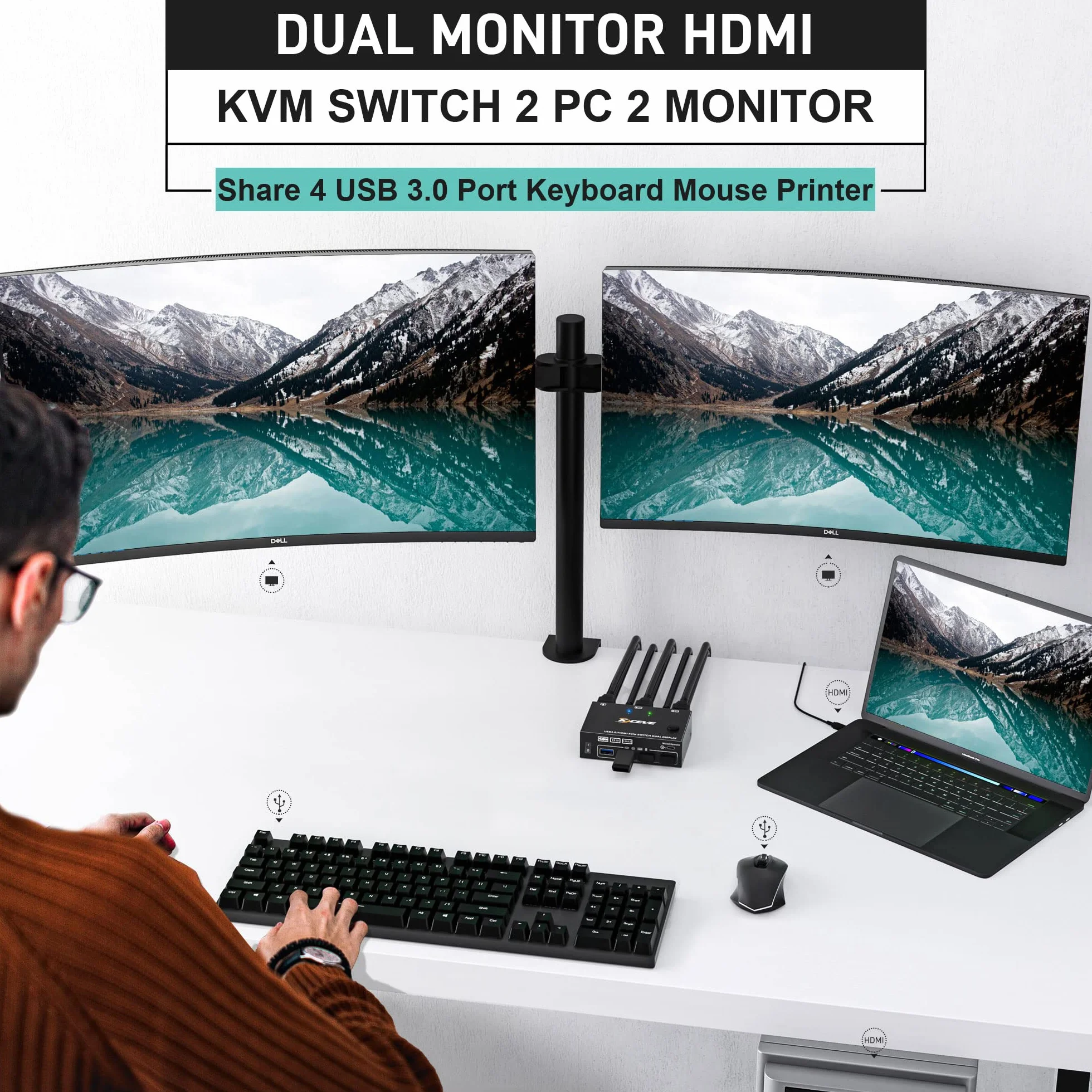 USB 3.0 Przełącznik HDMI KVM 2 Komputery 2 Monitory, Symulacja EDID, Rozszerzony Wyświetlacz 4K 60 Hz, HDMI 2.0, Dwa Monitory Switch KVM 2 Komputery Teilen Cablelose Tastatur, Maus, Wired Remote