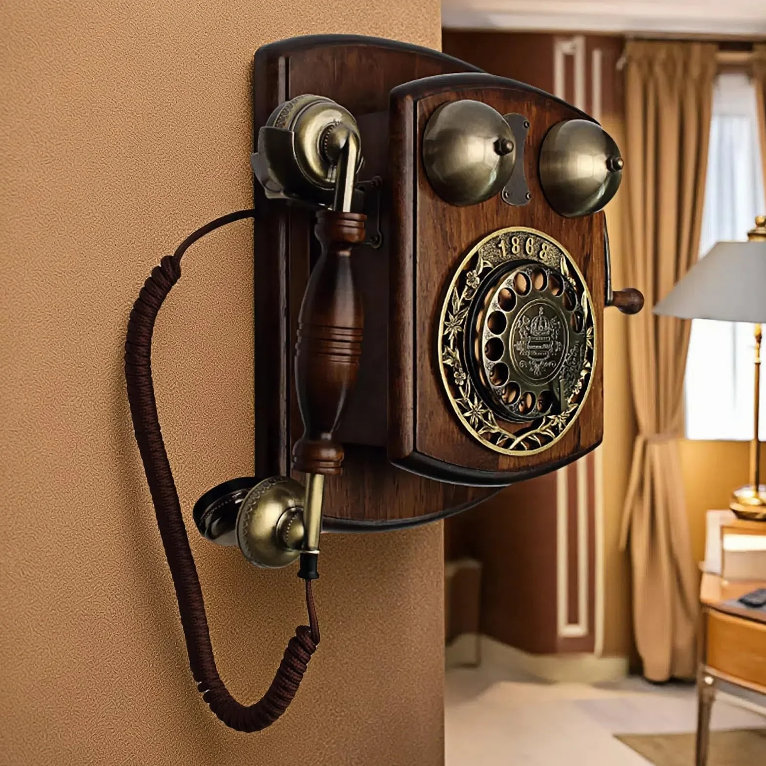 Telefon Stacjonarny Ścienny W Stylu Vintage, Drewniany Telefon Ścienny Z Tarczą Obrotową, Retro Antyczny Telefon Stacjonarny Z Dzwonkiem Mechanicznym, Staromodny Tel