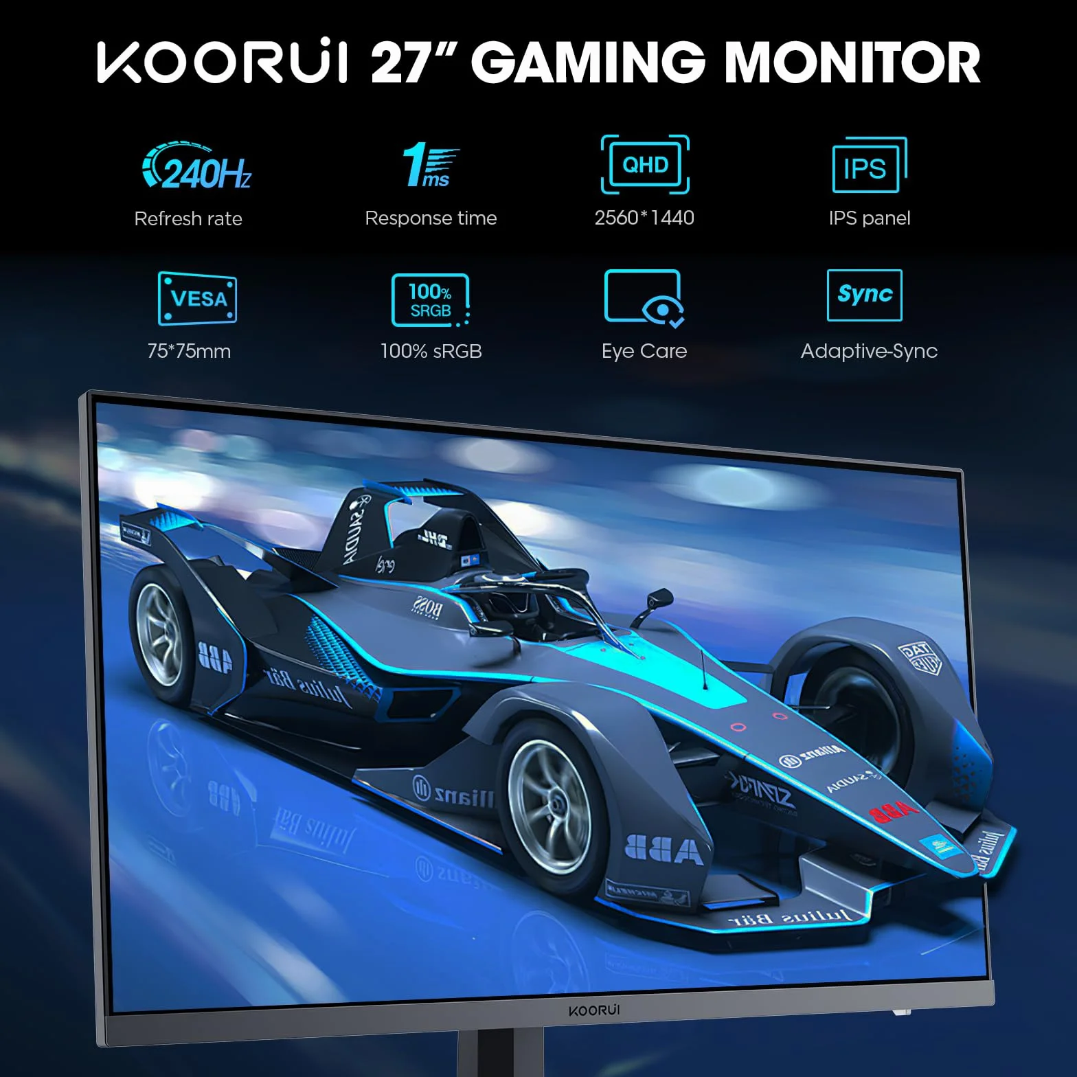 KOORUI Monitor do gier 27 cali - QHD 2560 x 1440 IPS Monitor PC, 240 Hz, 1 ms, Adpitive-Sync, Gsync Compatibility HDMI DisplayPort