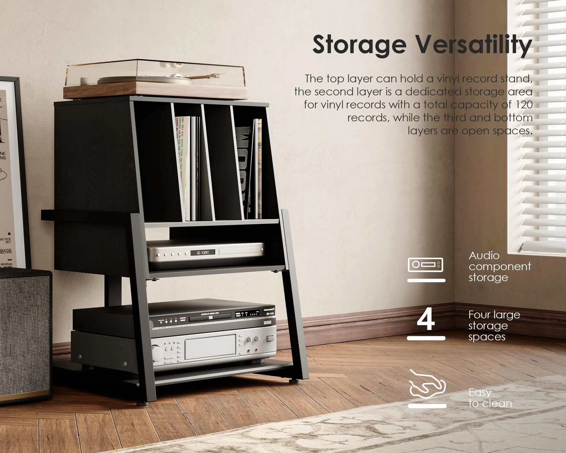 FITUEYES Designerski gramofon, stół z drewna, metalu, stojak na gramofony, 120 płyt, kompaktowy gramofon, regał do salonu, pokoju muzycznego