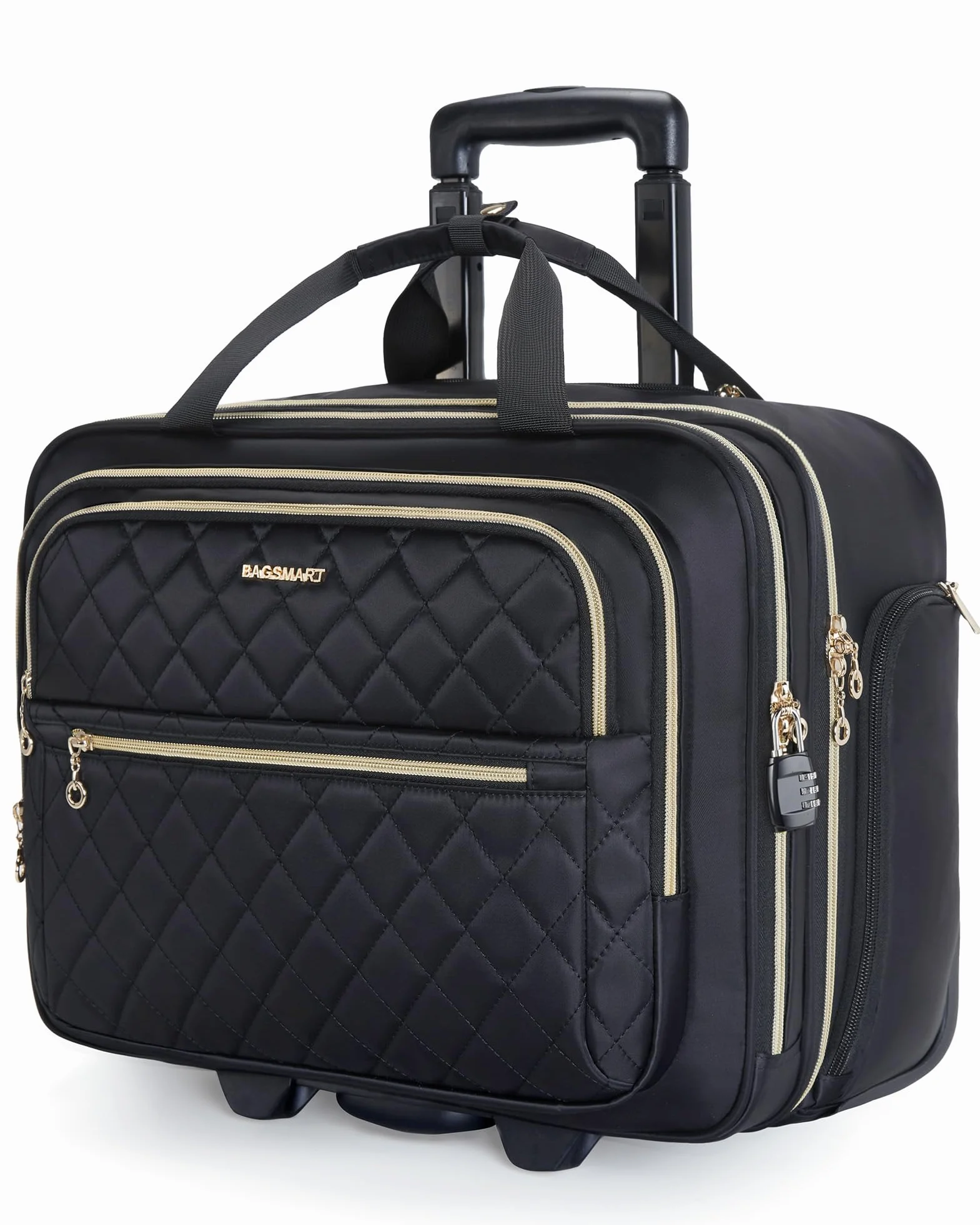 bagsmart Torba na laptopa dla kobiet, zwijana aktówka na laptopa o przekątnej ekranu 15,6", bagaż podręczny pod siedzeniem z rolkami, zwijana torba na komputer z zamkiem TSA, czarny, 15.6 Inch